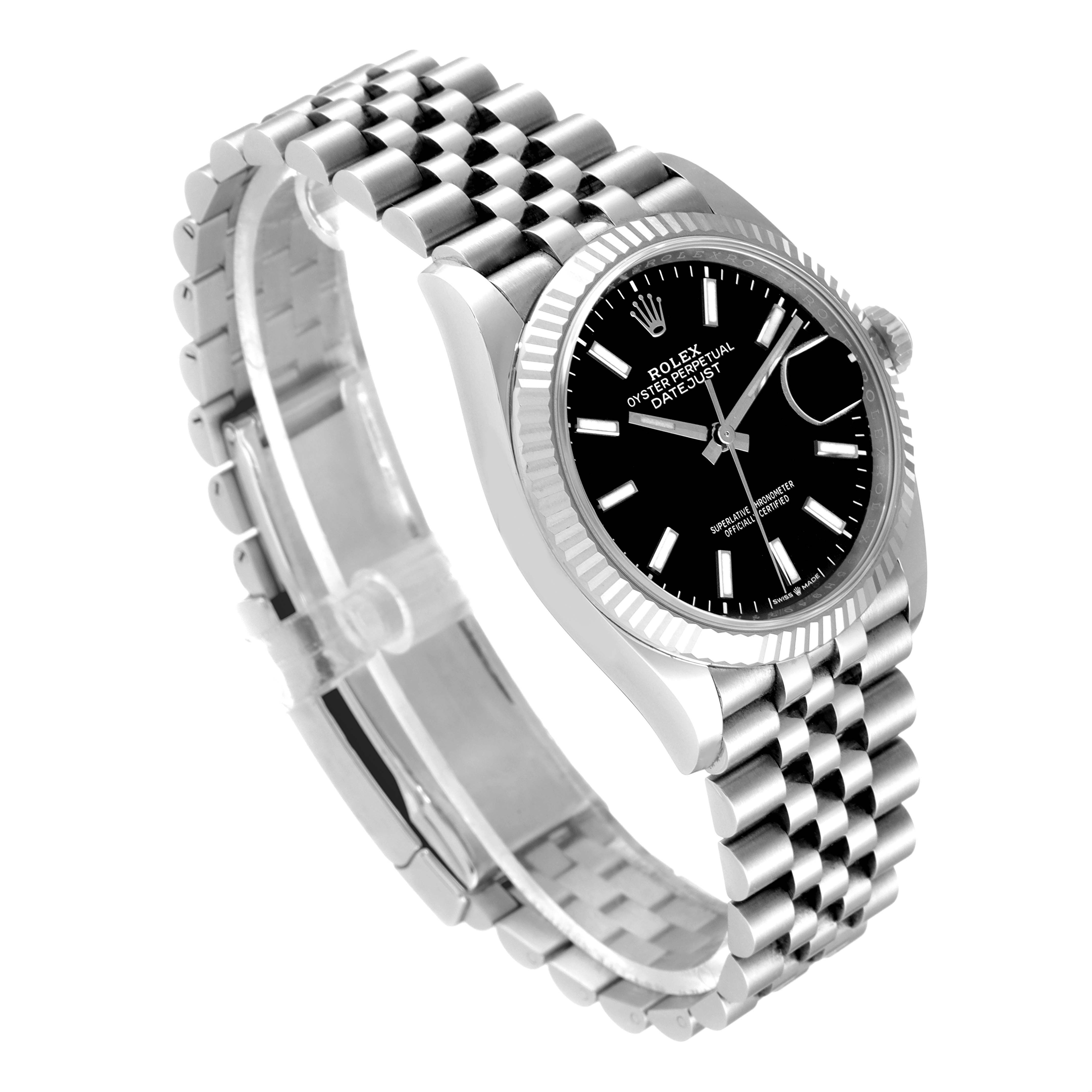 The image shows a Rolex Datejust 126234 Men
s Stainless Steel Black Dial 126234 Men
s Stainless Steel Black Dial watch at an oblique angle, highlighting the dial, bezel, and jubilee bracelet.