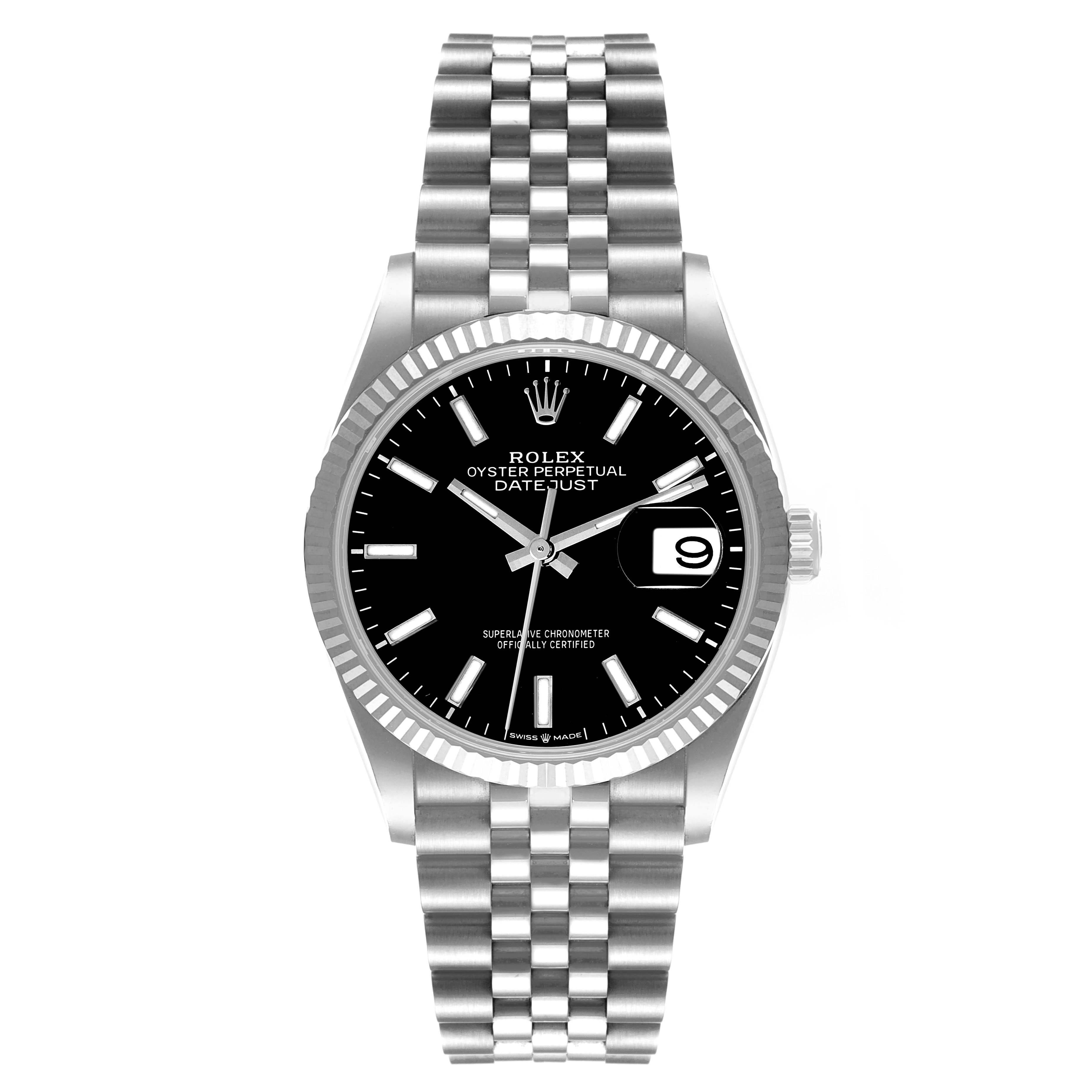 The Rolex Datejust 126234 Men
s Stainless Steel Black Dial 126234 Men
s Stainless Steel Black Dial model is shown from a front angle, displaying its black dial, fluted bezel, and Jubilee bracelet.