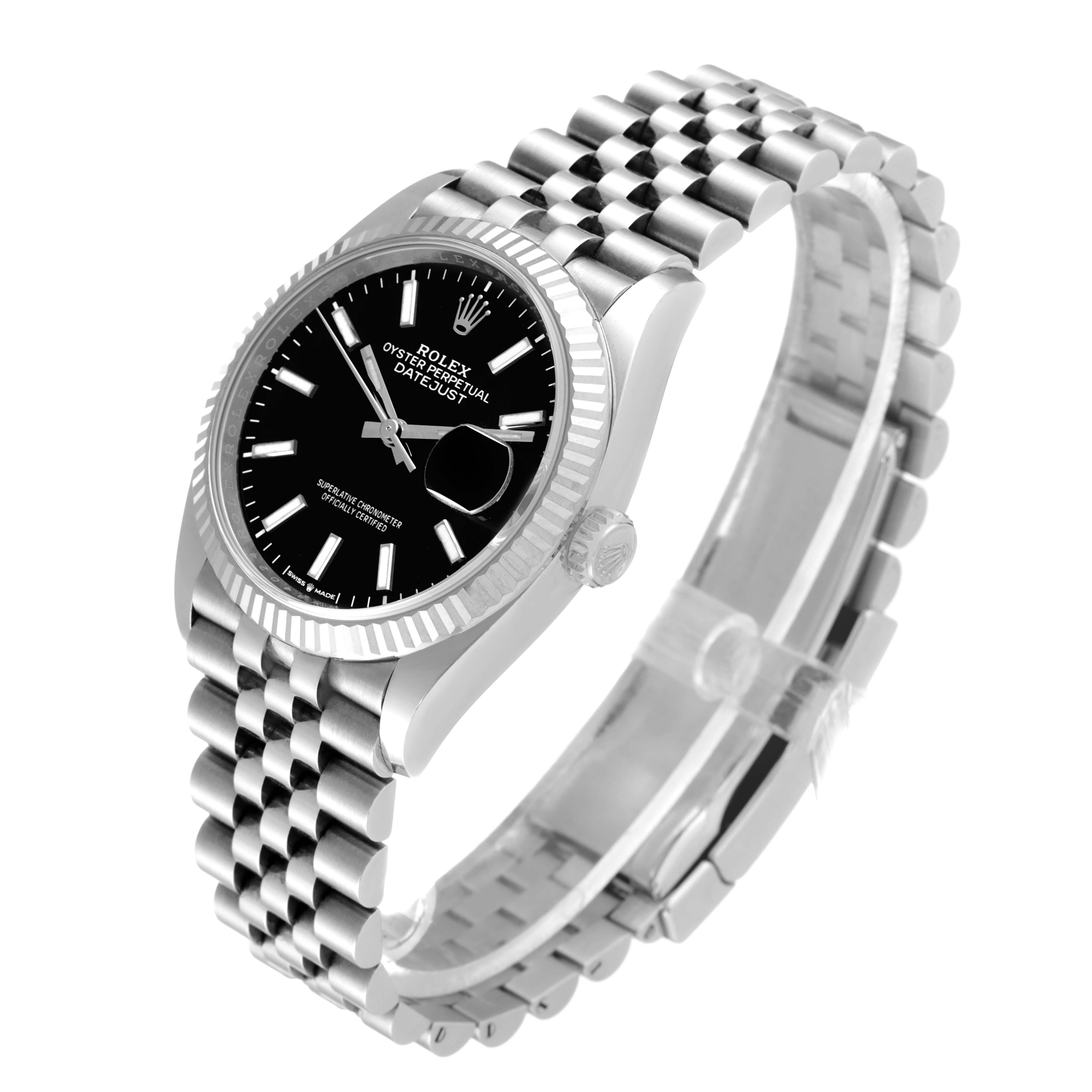 The Rolex Datejust 126234 Men
s Stainless Steel Black Dial 126234 Men
s Stainless Steel Black Dial watch is shown at a side angle, featuring its face, crown, and jubilee bracelet.