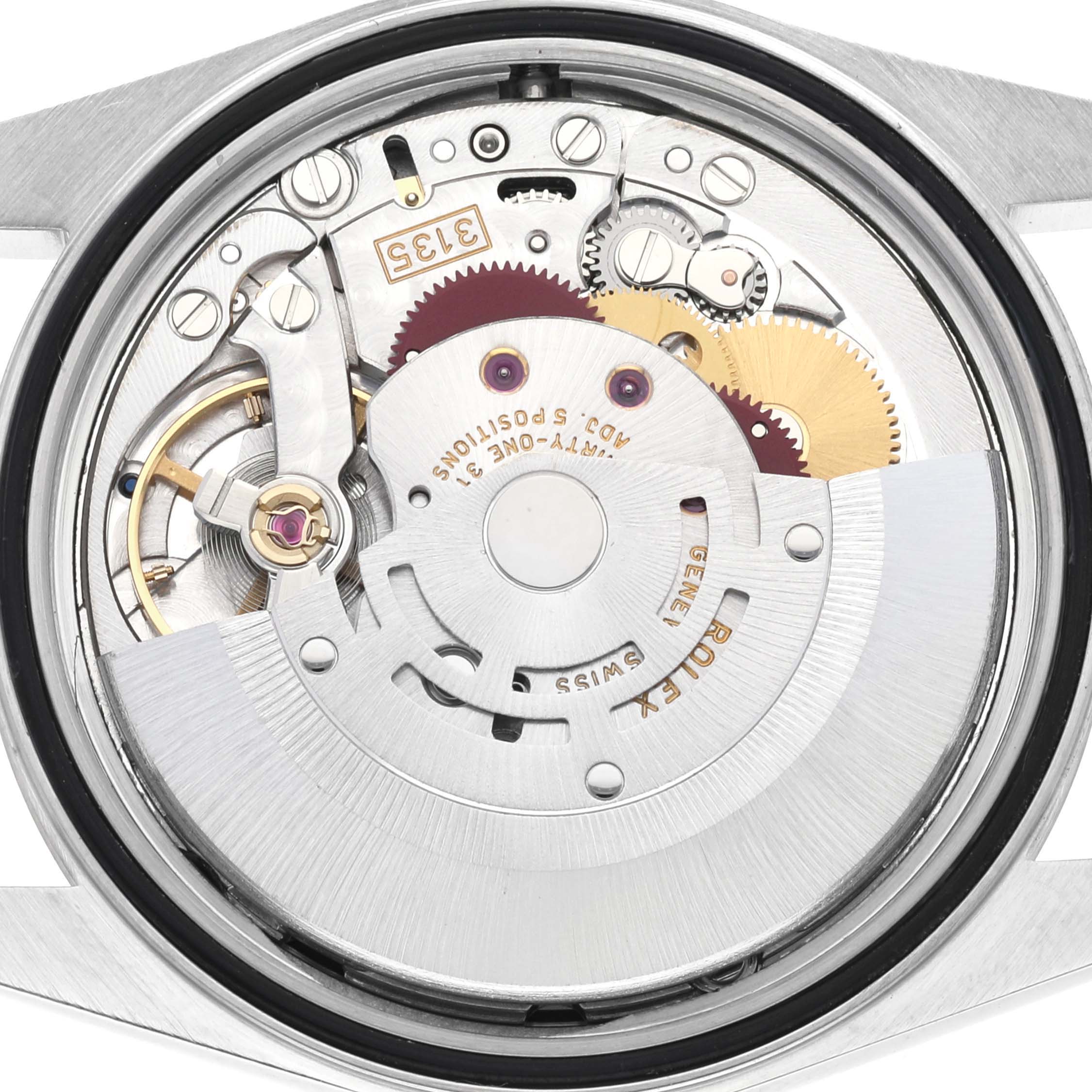 The image shows the internal mechanical movement of a Rolex Datejust 16234 Men's Stainless Steel Black Dial 16234 Men's Stainless Steel Black Dial watch, seen from the case back.