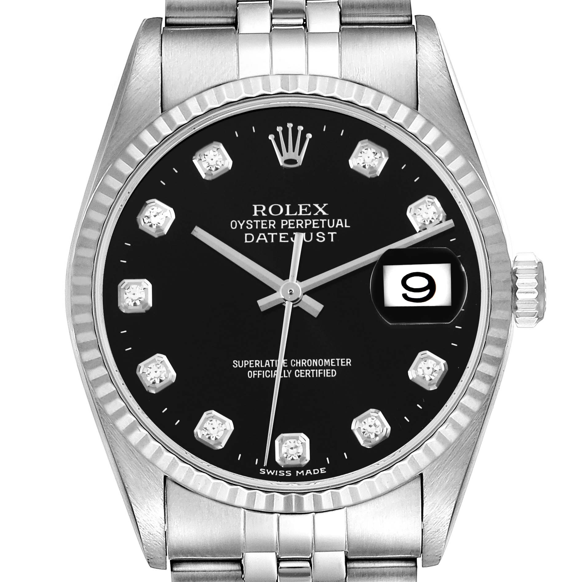 The image shows the dial, bezel, crystal, and part of the bracelet of a Rolex Datejust 16234 Men's Stainless Steel Black Dial 16234 Men's Stainless Steel Black Dial watch, viewed from the front.
