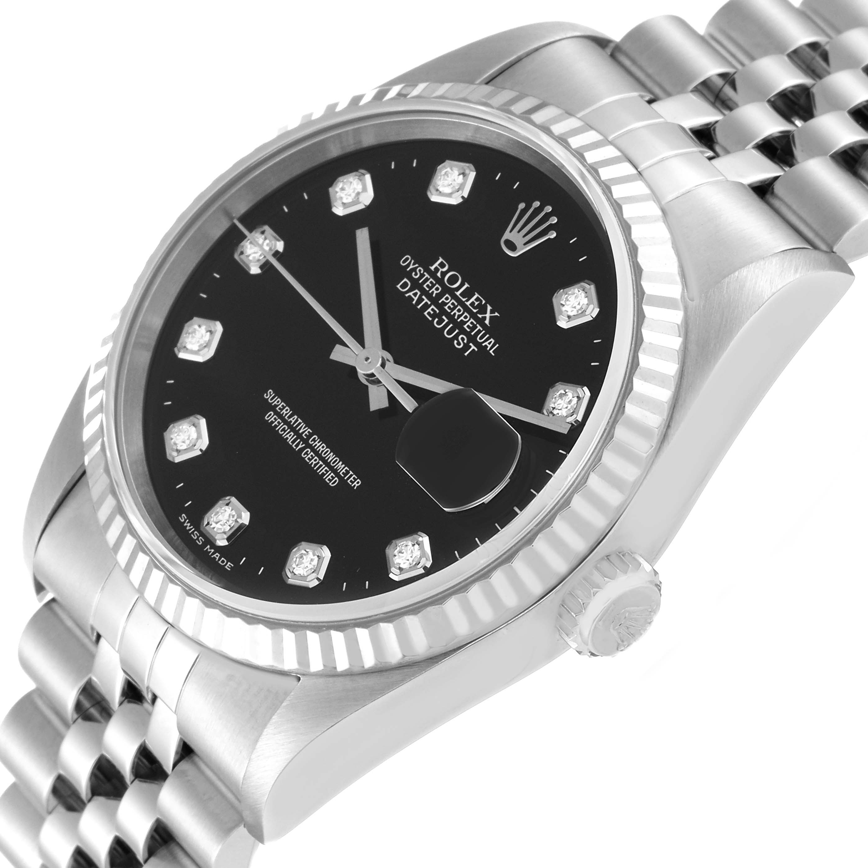 This image shows a side view of the Rolex Datejust 16234 Men's Stainless Steel Black Dial 16234 Men's Stainless Steel Black Dial, highlighting its black dial, fluted bezel, crown, and jubilee bracelet.