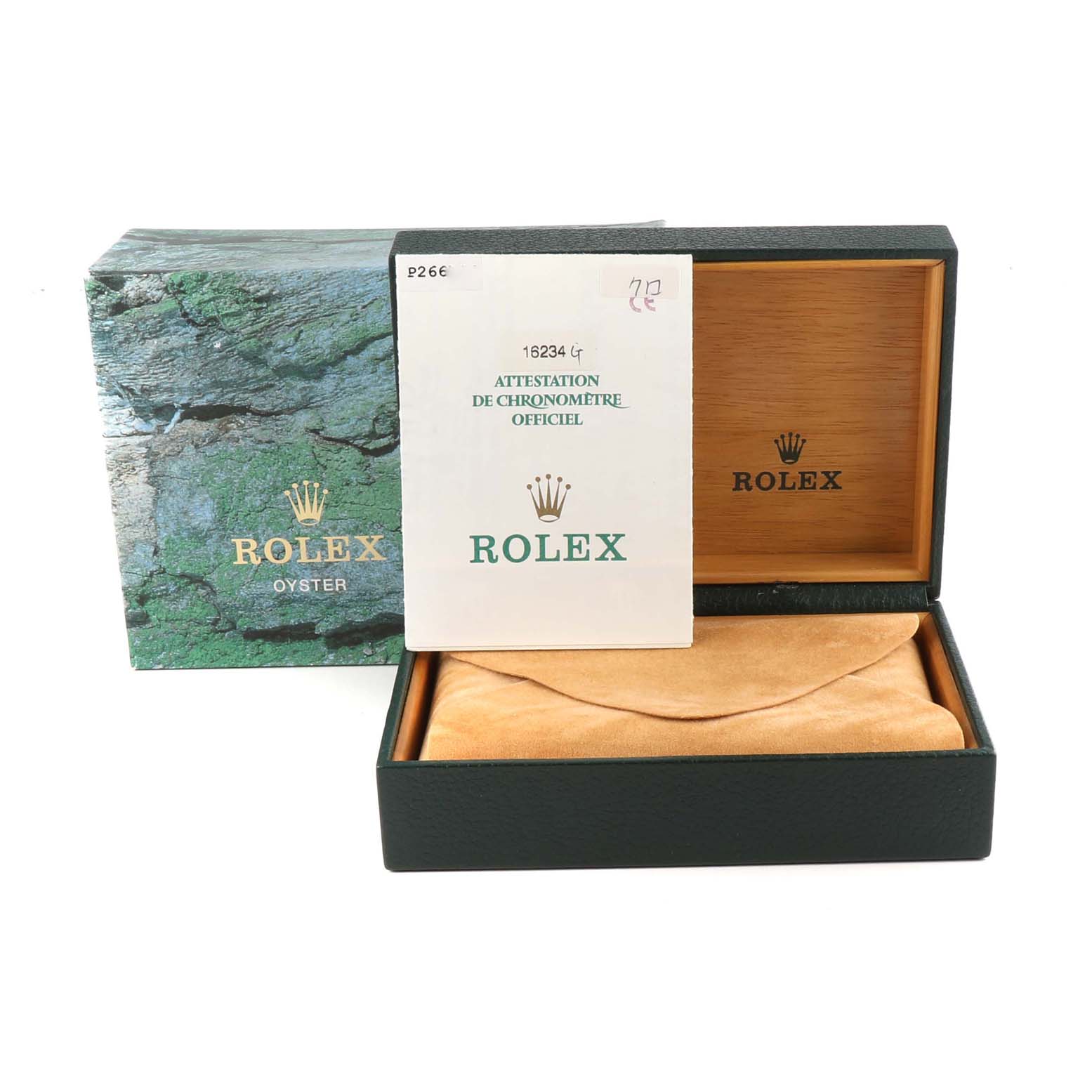 The image shows the packaging and certificate for a Rolex Datejust 16234 Men's Stainless Steel Black Dial 16234 Men's Stainless Steel Black Dial watch, including the outer box, inner box, and warranty card.