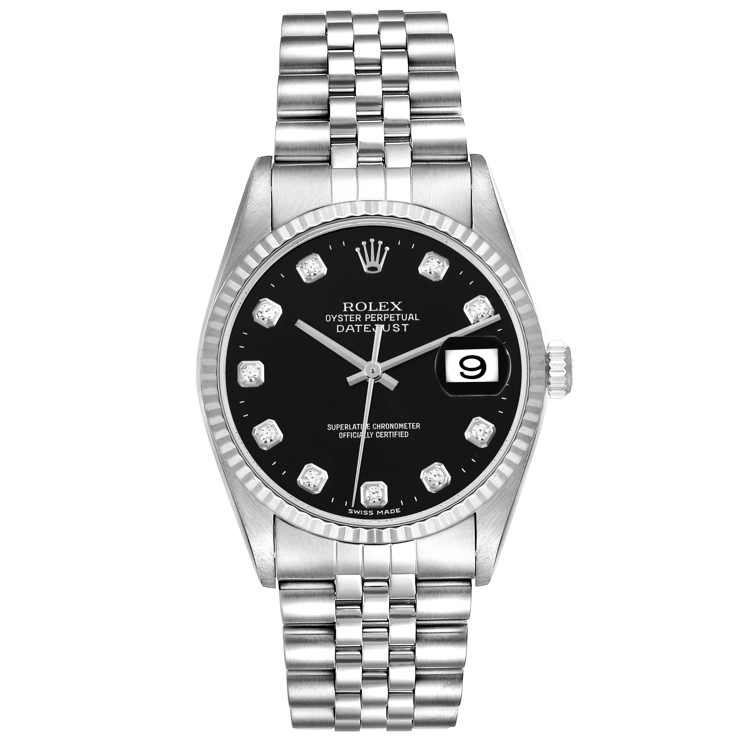 The image shows a front view of the Rolex Datejust 16234 Men's Stainless Steel Black Dial 16234 Men's Stainless Steel Black Dial watch, featuring its bracelet, dial, and date window.