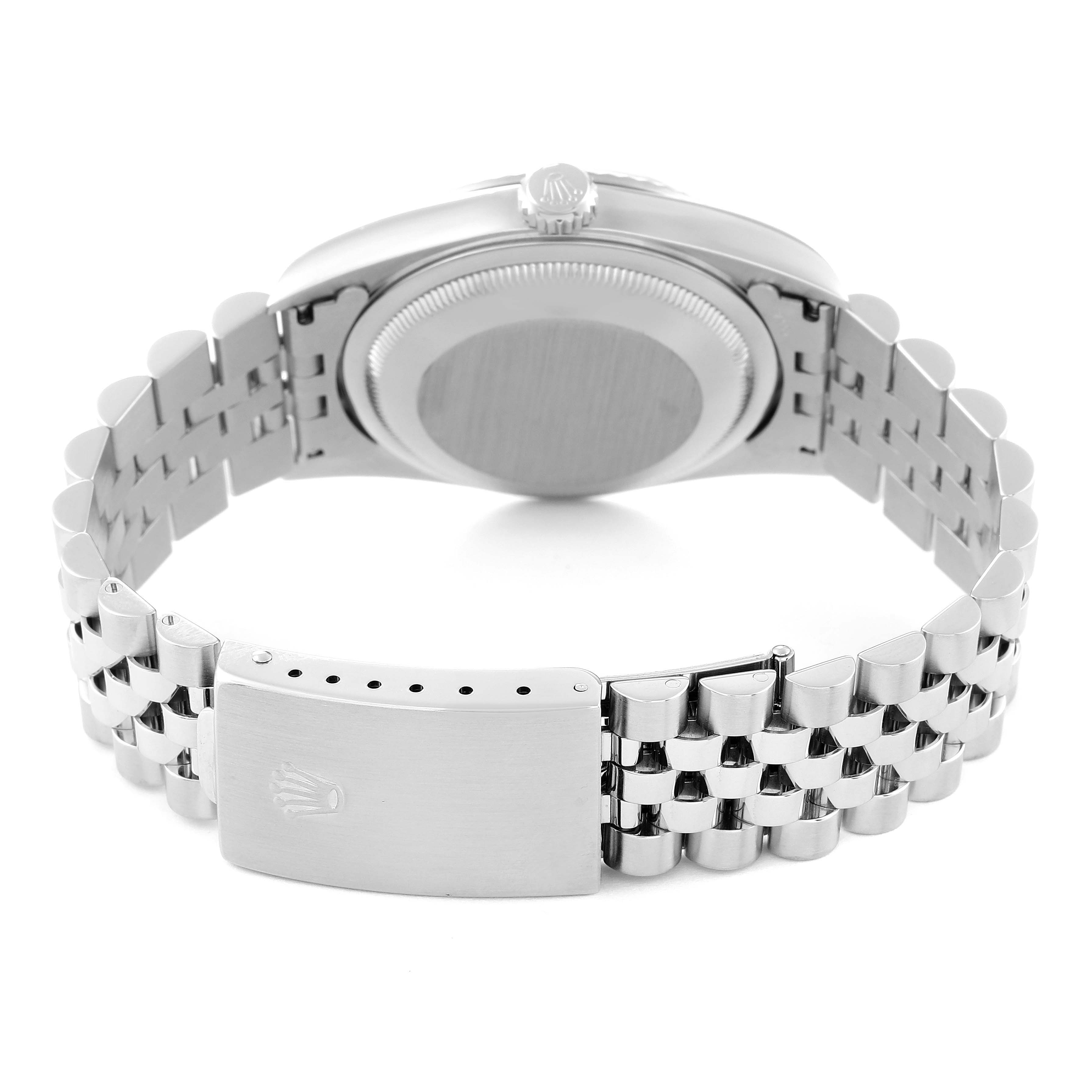 The Rolex Datejust 16234 Men's Stainless Steel Black Dial 16234 Men's Stainless Steel Black Dial watch is shown from the back, highlighting the case back, crown, and Jubilee bracelet with clasp.