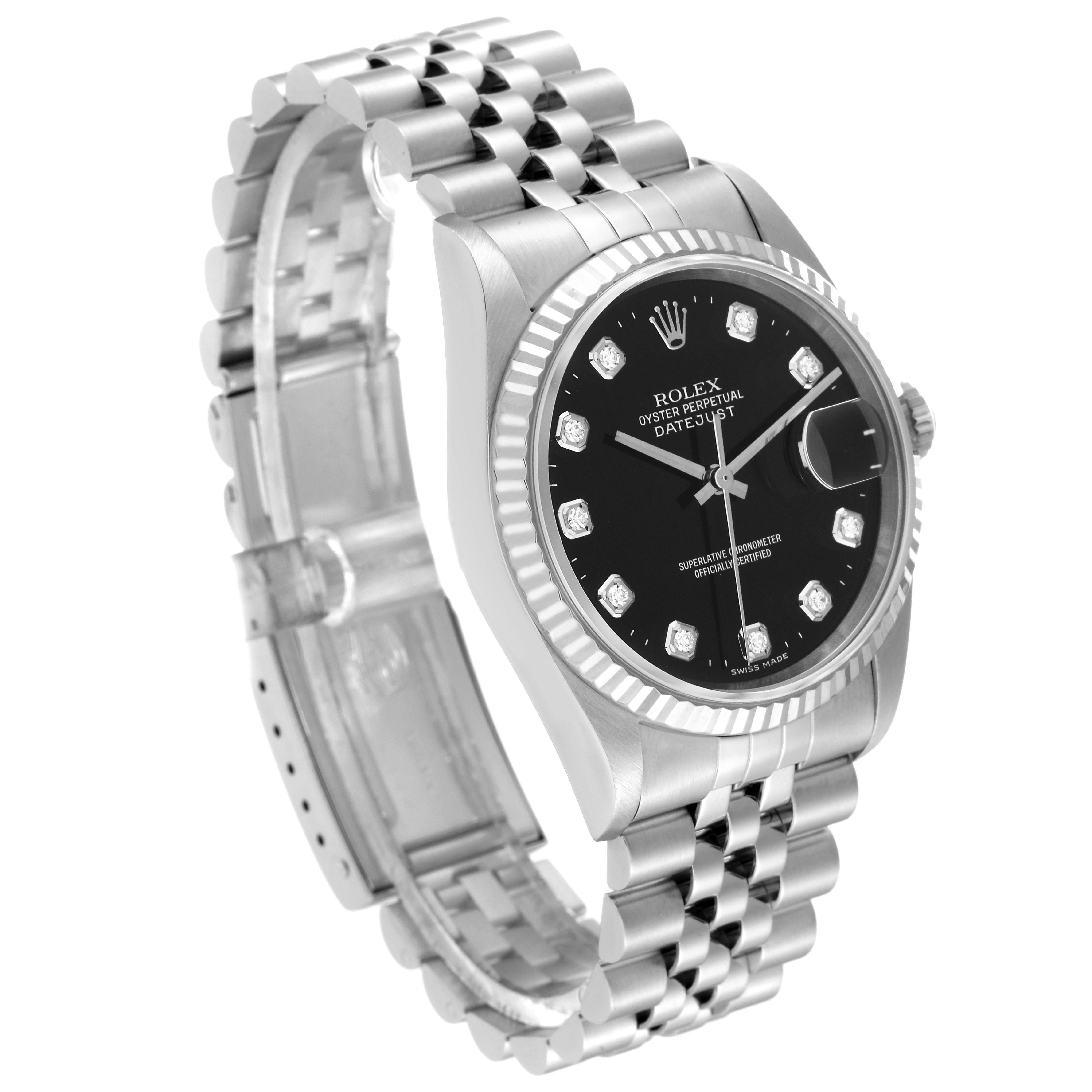 The image shows a three-quarter angle view of a Rolex Datejust 16234 Men's Stainless Steel Black Dial 16234 Men's Stainless Steel Black Dial watch, highlighting its bracelet, dial, and bezel.