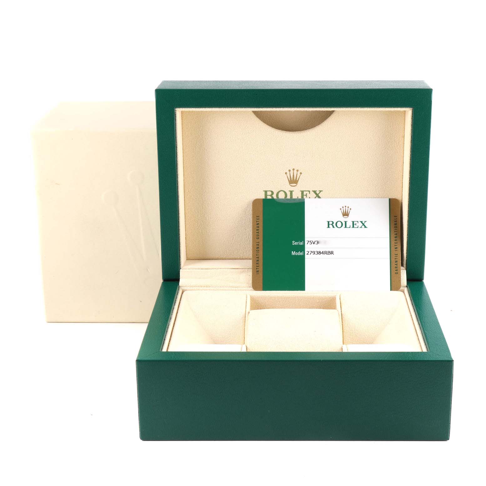 The image shows an empty Rolex Datejust 279384 Women's Stainless Steel Grey Dial 279384 Women's Stainless Steel Grey Dial watch box with the warranty card inside.