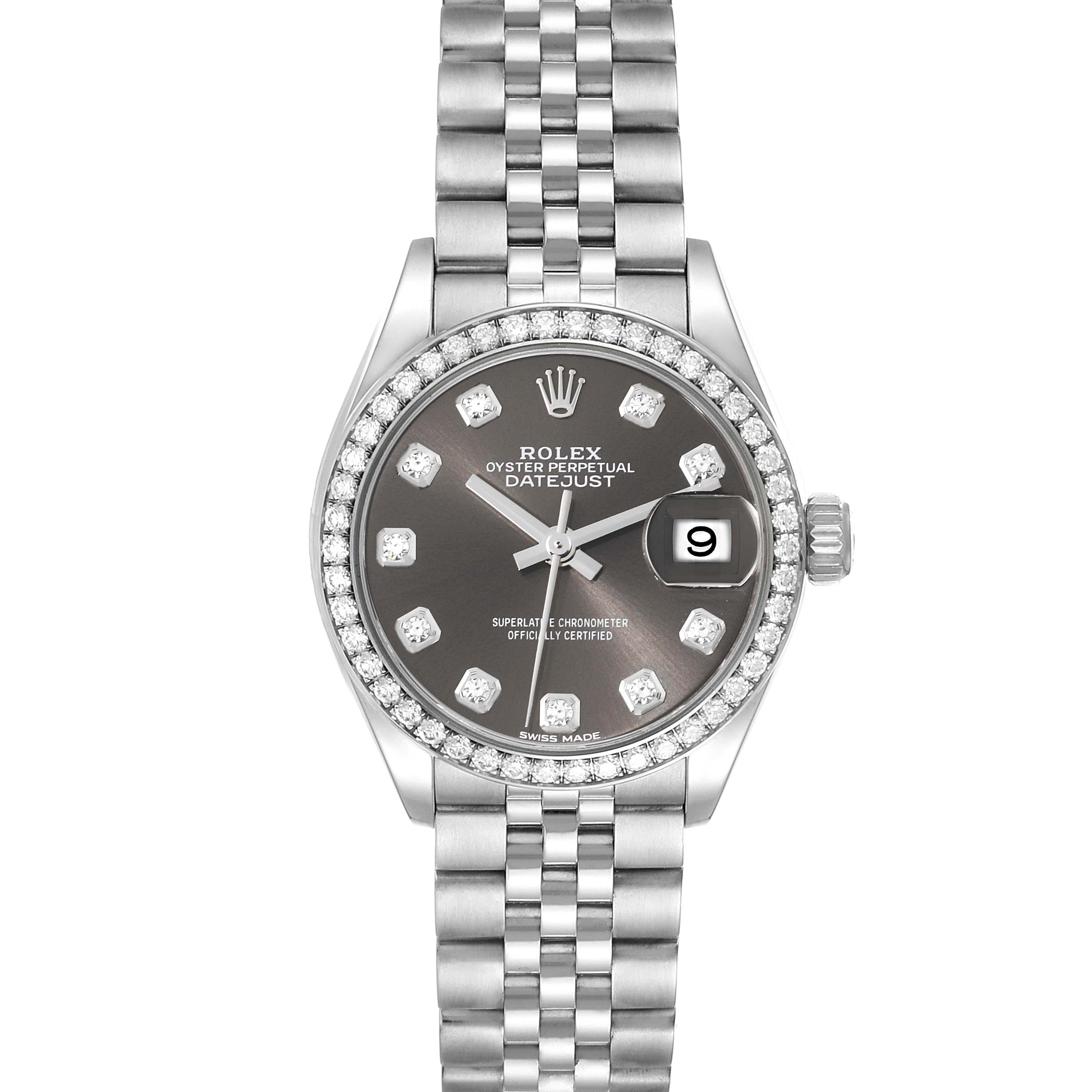 This image shows a front view of a Rolex Datejust 279384 Women's Stainless Steel Grey Dial 279384 Women's Stainless Steel Grey Dial watch featuring a silver bracelet, dark dial, and date display.