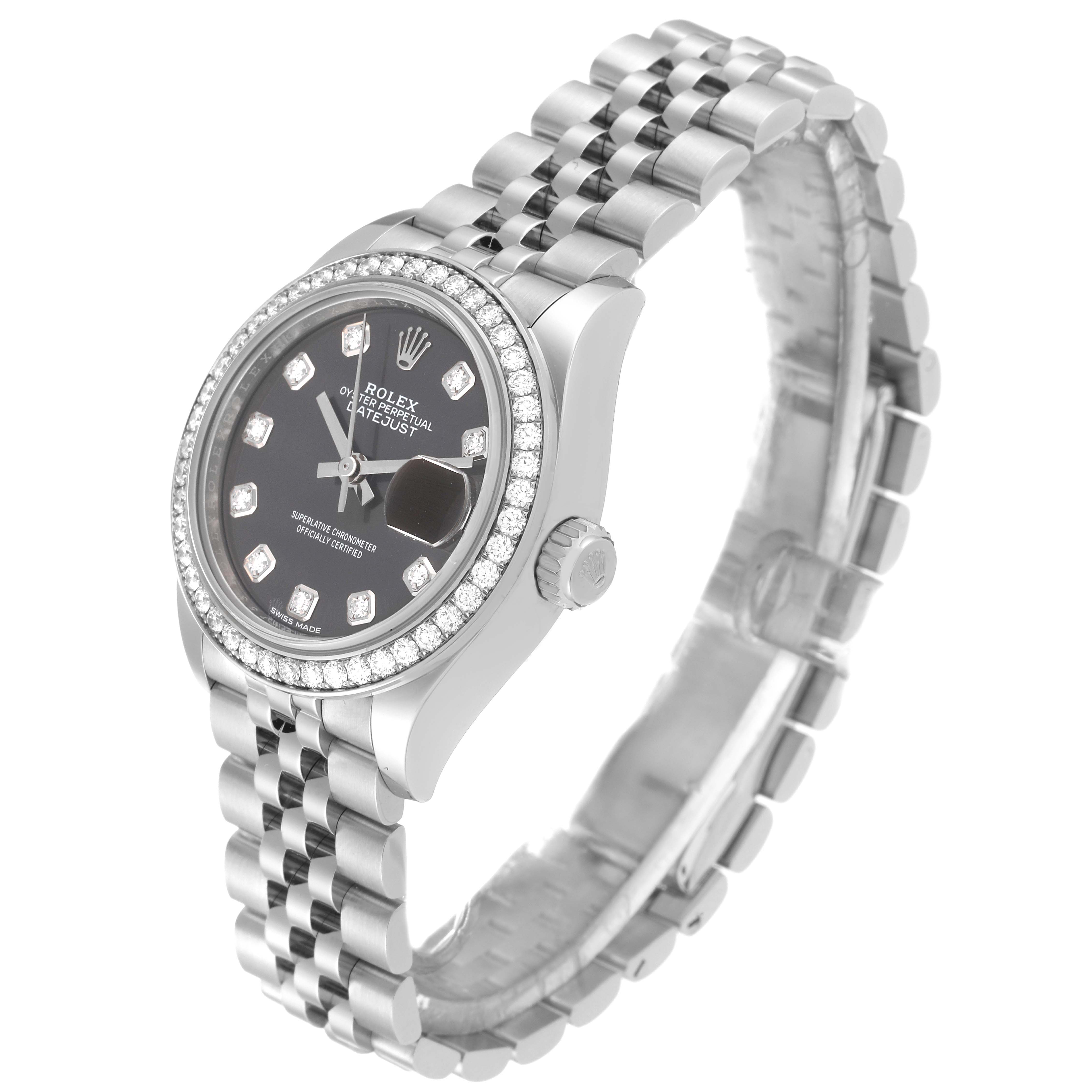 The image shows a Rolex Datejust 279384 Women's Stainless Steel Grey Dial 279384 Women's Stainless Steel Grey Dial watch at a slight angle, highlighting the face, bezel, crown, and bracelet.