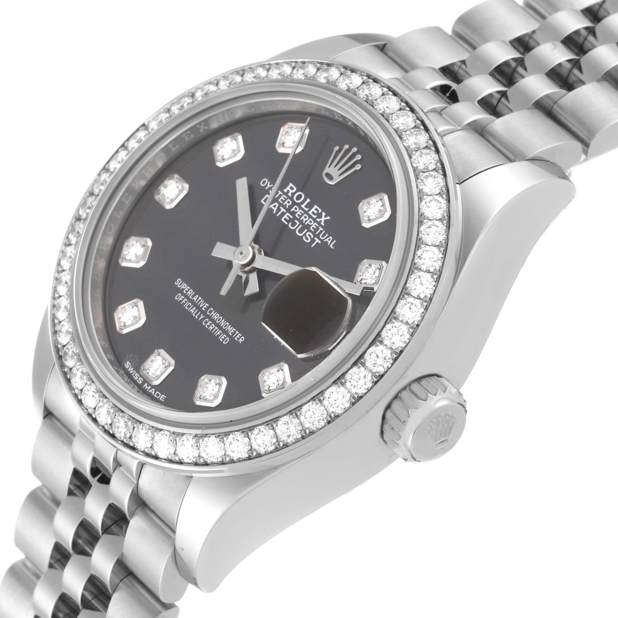 The image shows a close-up angled view of the Rolex Datejust 279384 Women's Stainless Steel Grey Dial 279384 Women's Stainless Steel Grey Dial watch, highlighting its face, bezel, and bracelet.