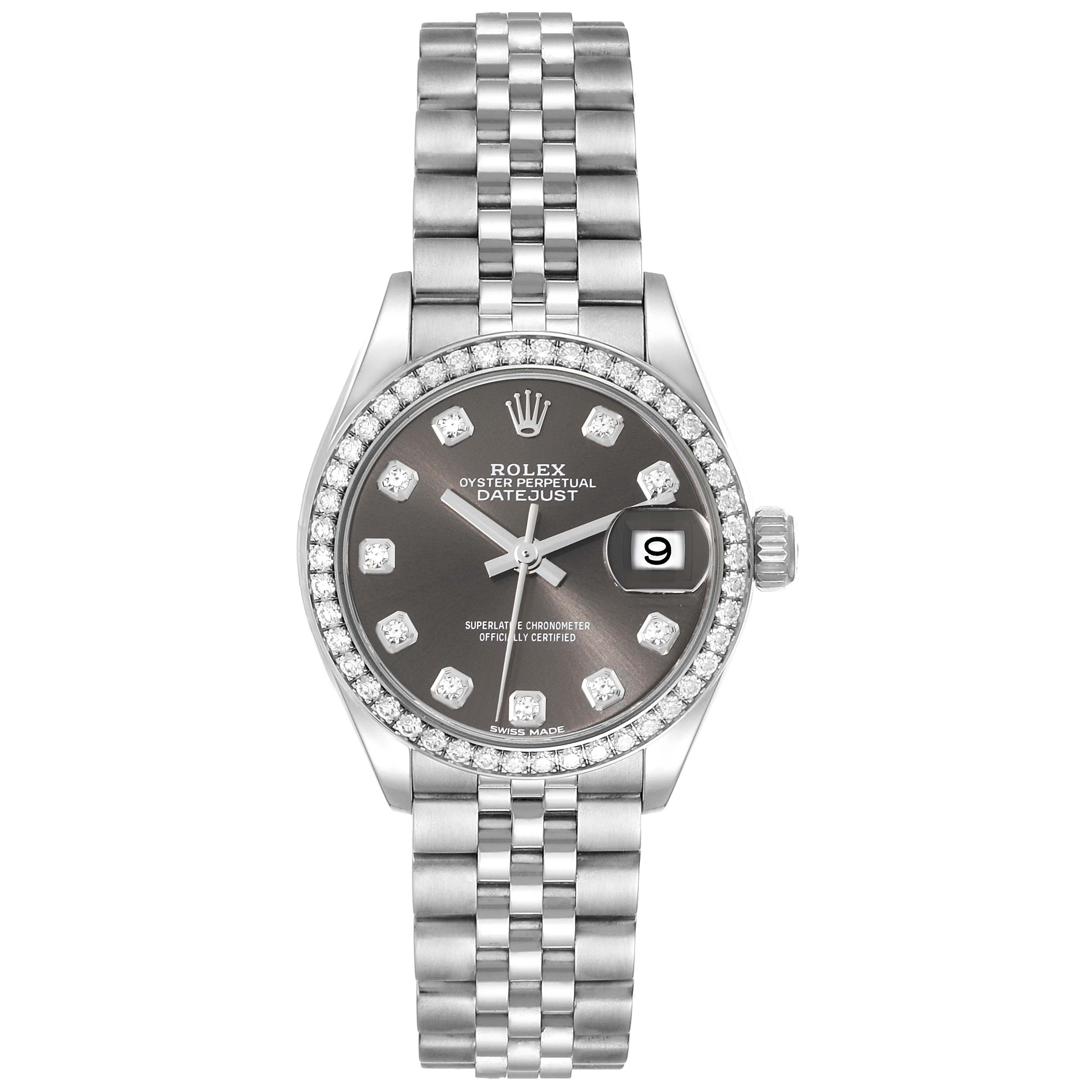 This is a front view of the Rolex Datejust 279384 Women's Stainless Steel Grey Dial 279384 Women's Stainless Steel Grey Dial watch, showing the face, bezel, crown, and bracelet.