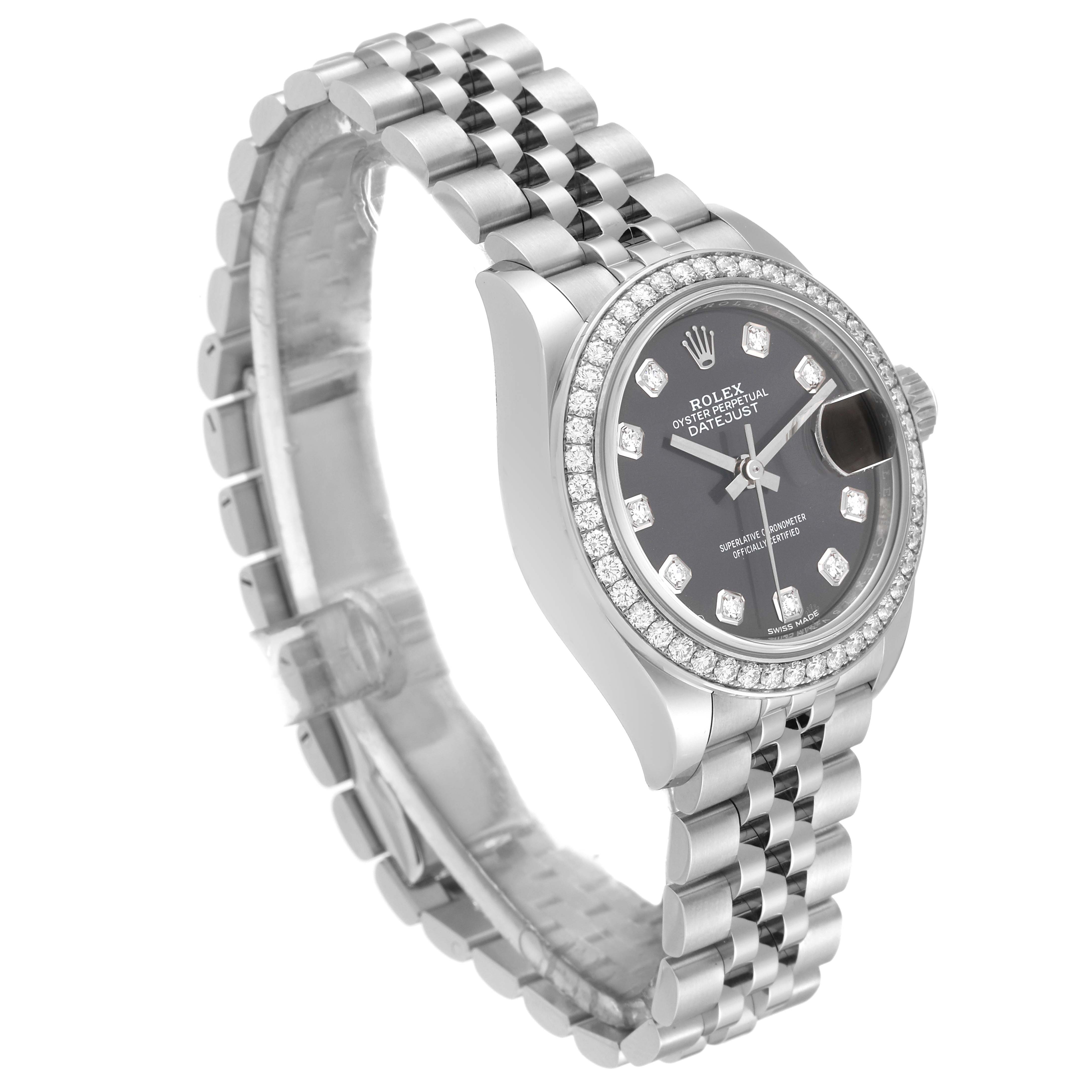 The Rolex Datejust 279384 Women's Stainless Steel Grey Dial 279384 Women's Stainless Steel Grey Dial watch is shown at a three-quarter angle, revealing the diamond bezel, black dial, and jubilee bracelet.
