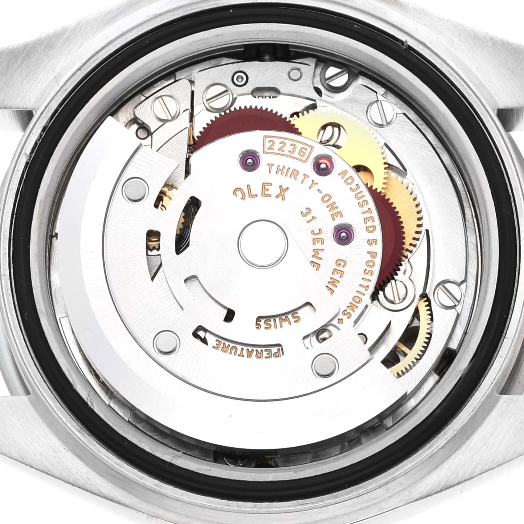 The image shows the internal mechanical movement of a Rolex Datejust 279384 Women's Stainless Steel Grey Dial 279384 Women's Stainless Steel Grey Dial watch from the caseback angle.