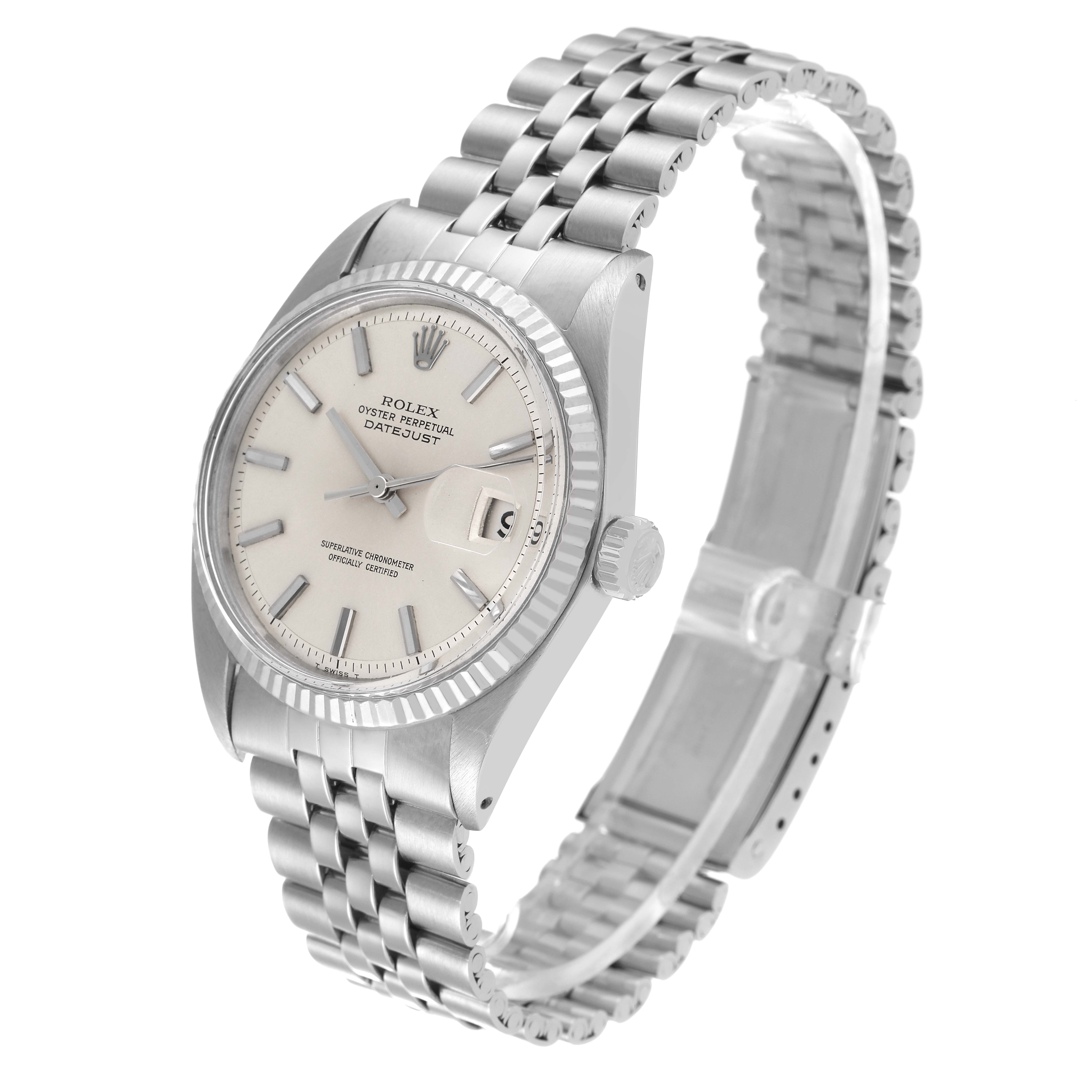 The image shows a Rolex Datejust 1601 Men's Stainless Steel Silver Dial 1601 Men's Stainless Steel Silver Dial watch at a slight angle, displaying the face, bezel, crown, and bracelet.