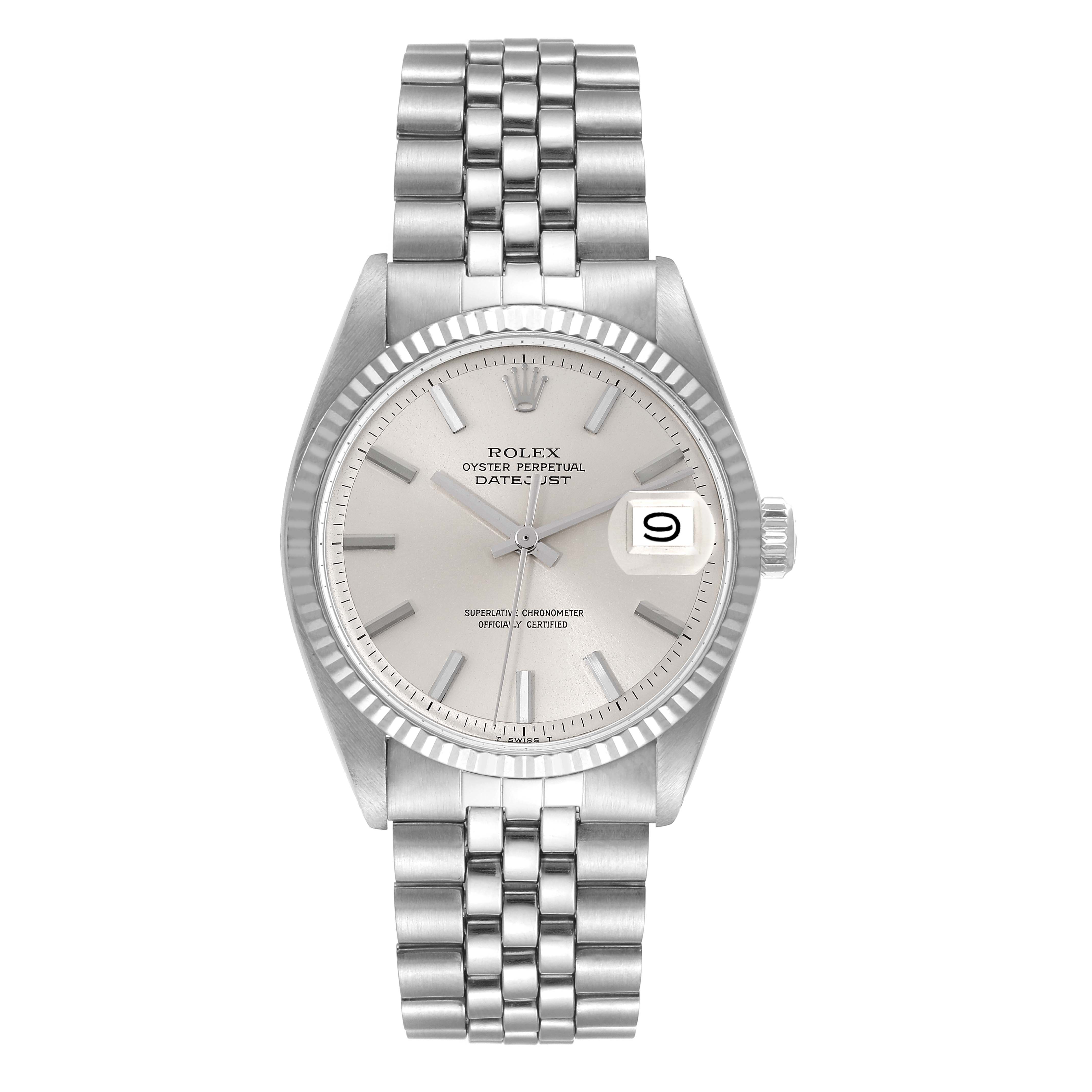 The image shows a frontal view of the Rolex Datejust 1601 Men's Stainless Steel Silver Dial 1601 Men's Stainless Steel Silver Dial watch, featuring its dial, bezel, bracelet, and crown with a date display.