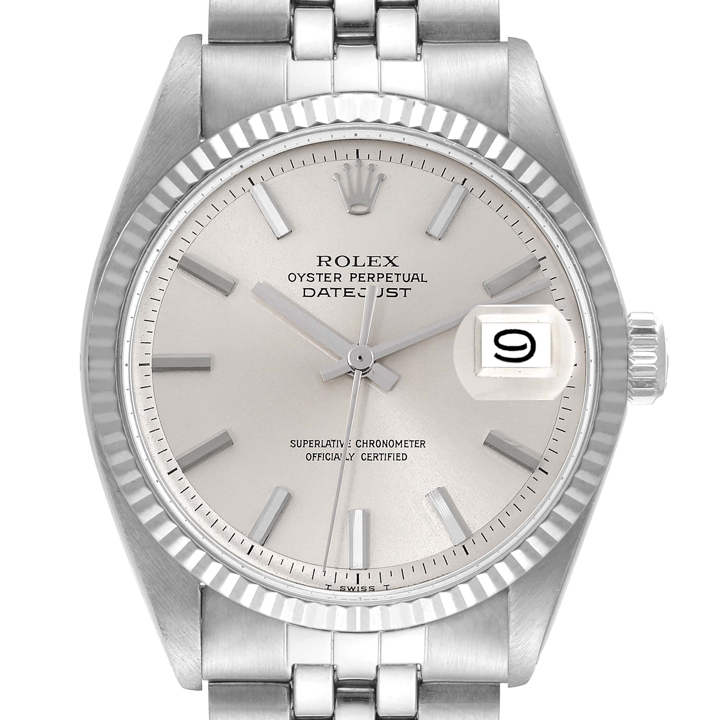 The Rolex Datejust 1601 Men's Stainless Steel Silver Dial 1601 Men's Stainless Steel Silver Dial watch is shown head-on, featuring the face, bezel, and a portion of the bracelet.