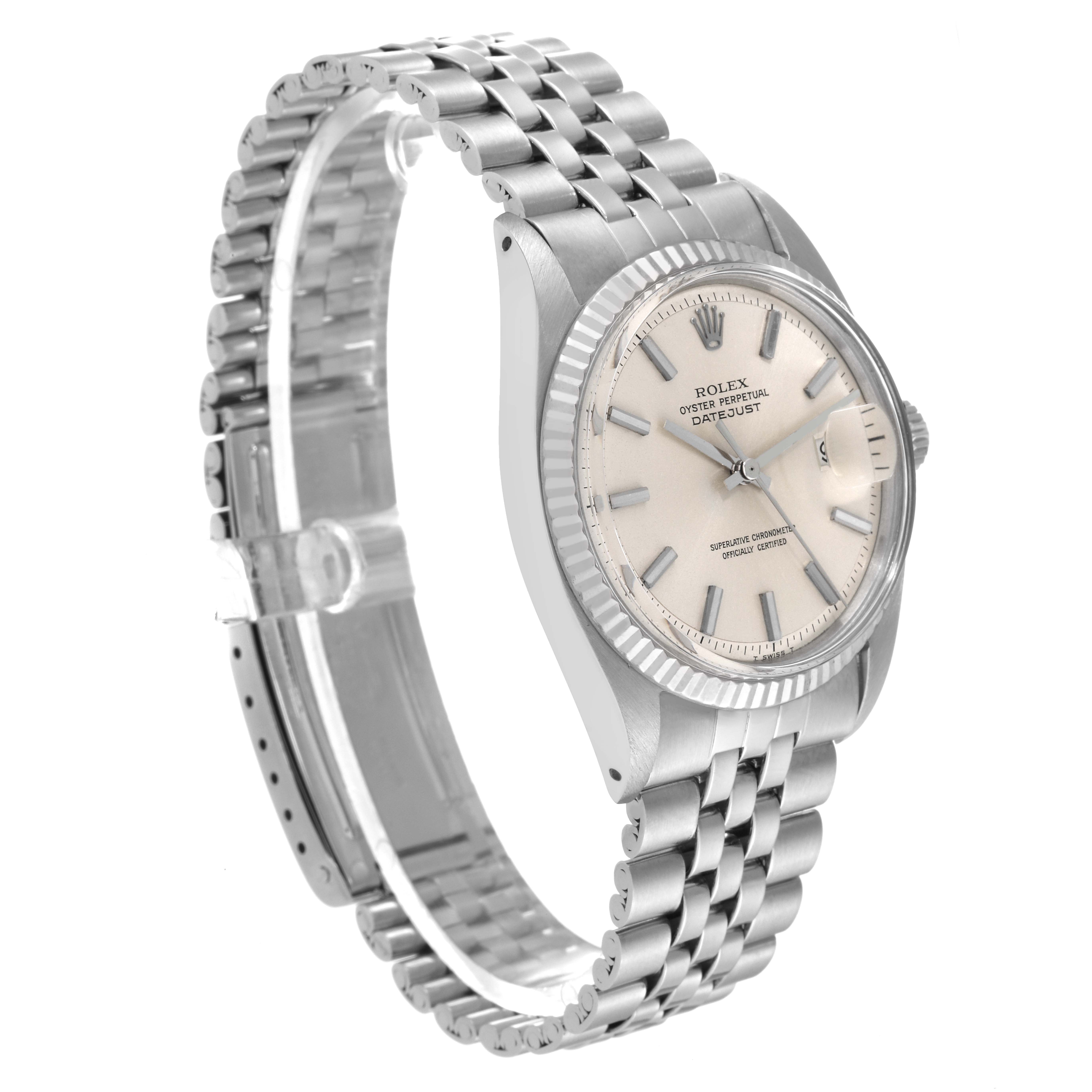 This image shows a Rolex Datejust 1601 Men's Stainless Steel Silver Dial 1601 Men's Stainless Steel Silver Dial watch at a three-quarter angle, displaying the dial, fluted bezel, and jubilee bracelet.