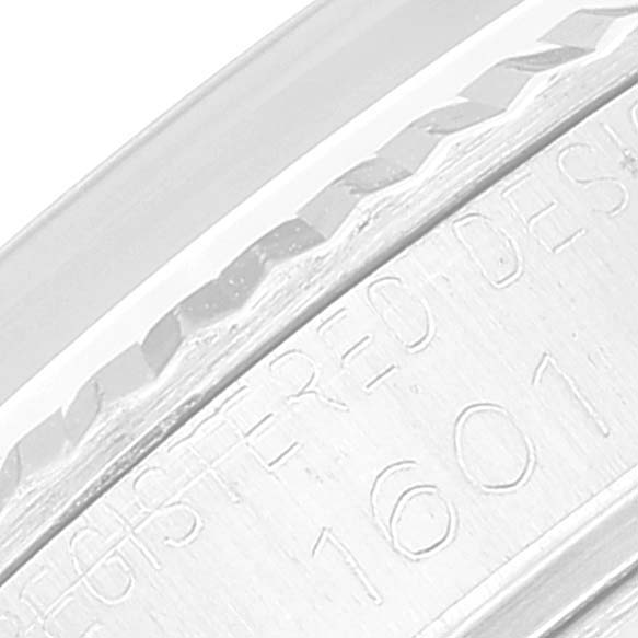 The image shows a close-up of the engraved markings on the case back of a Rolex Datejust 1601 Men's Stainless Steel Silver Dial 1601 Men's Stainless Steel Silver Dial watch.