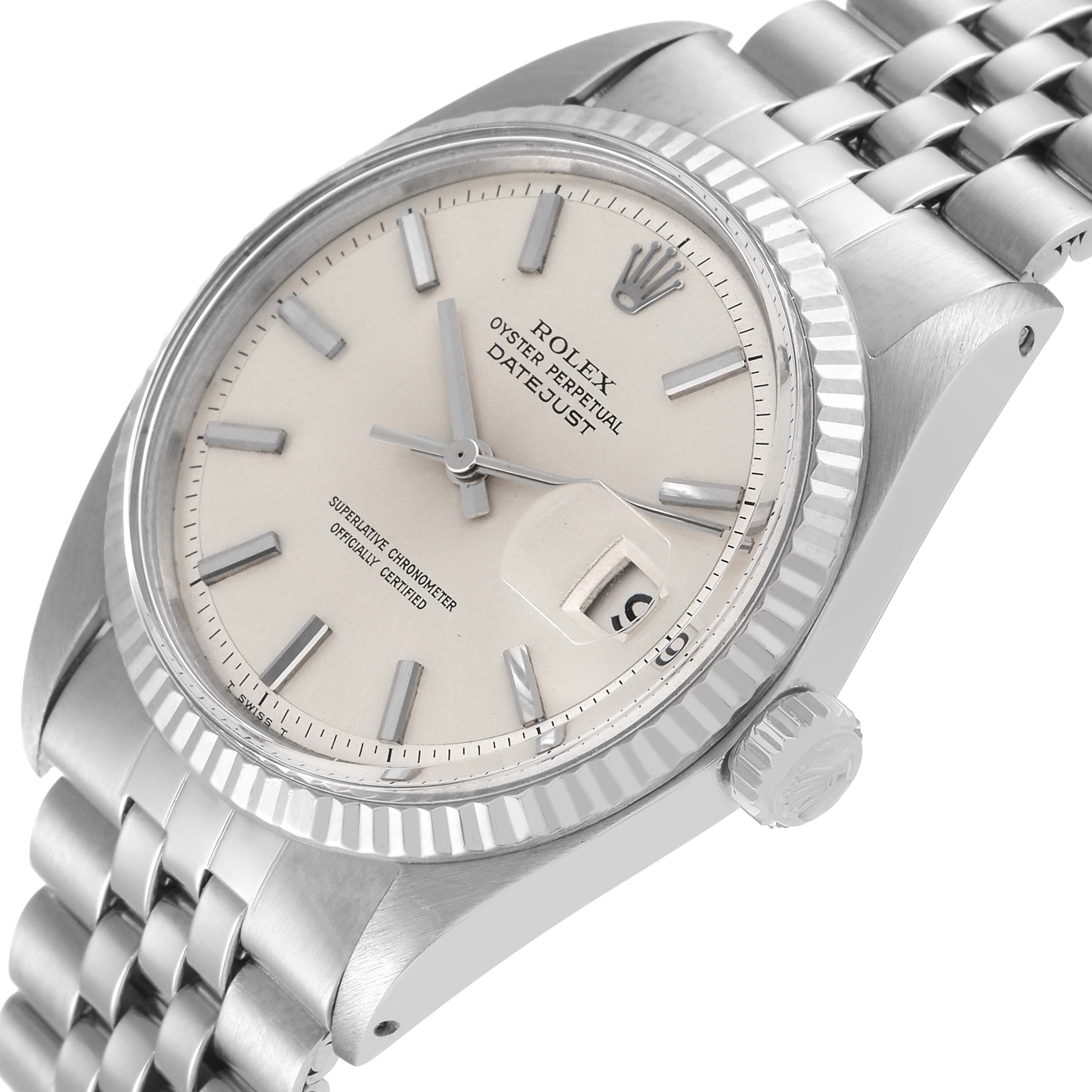 The image shows a Rolex Datejust 1601 Men's Stainless Steel Silver Dial 1601 Men's Stainless Steel Silver Dial watch from an angled side view, highlighting its dial, bezel, crown, and part of the bracelet.