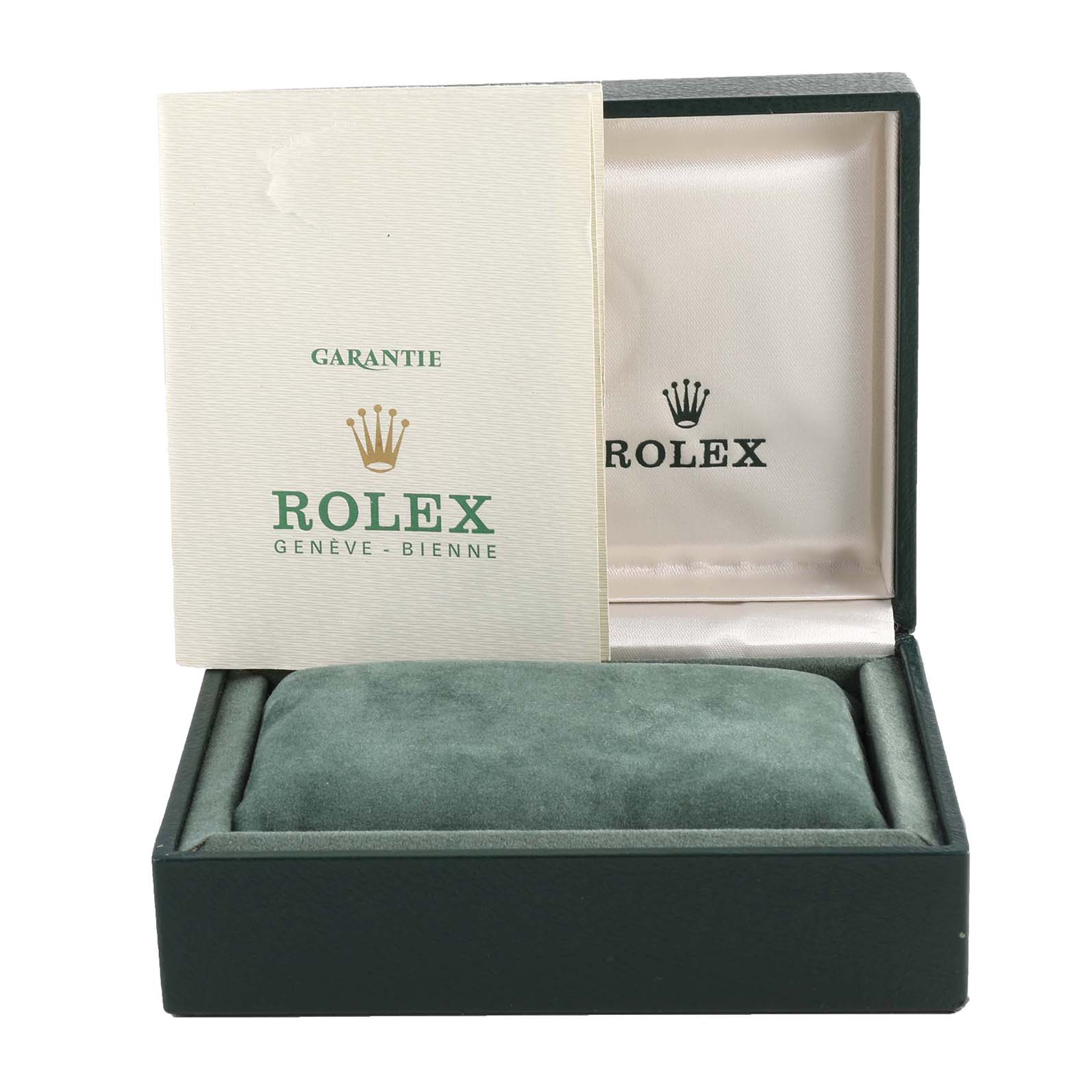 The image displays a Rolex Vintage Collection 1601 Men's Stainless Steel Silver Dial 1601 Men's Stainless Steel Silver Dial watch box and warranty booklet, showing an open presentation case.