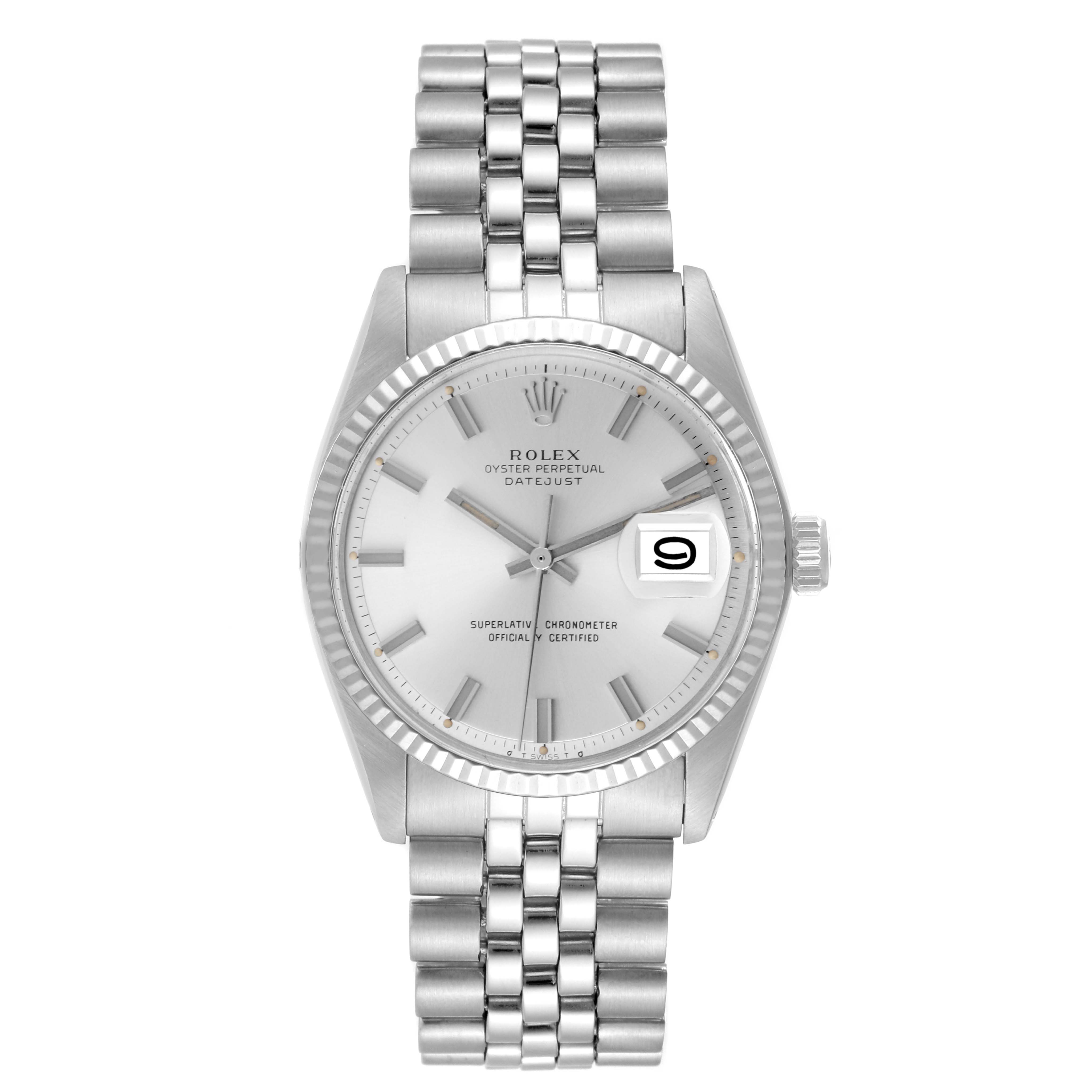 The Rolex Vintage Collection 1601 Men's Stainless Steel Silver Dial 1601 Men's Stainless Steel Silver Dial watch is shown from a top-down angle, displaying the dial, bezel, and metal bracelet.