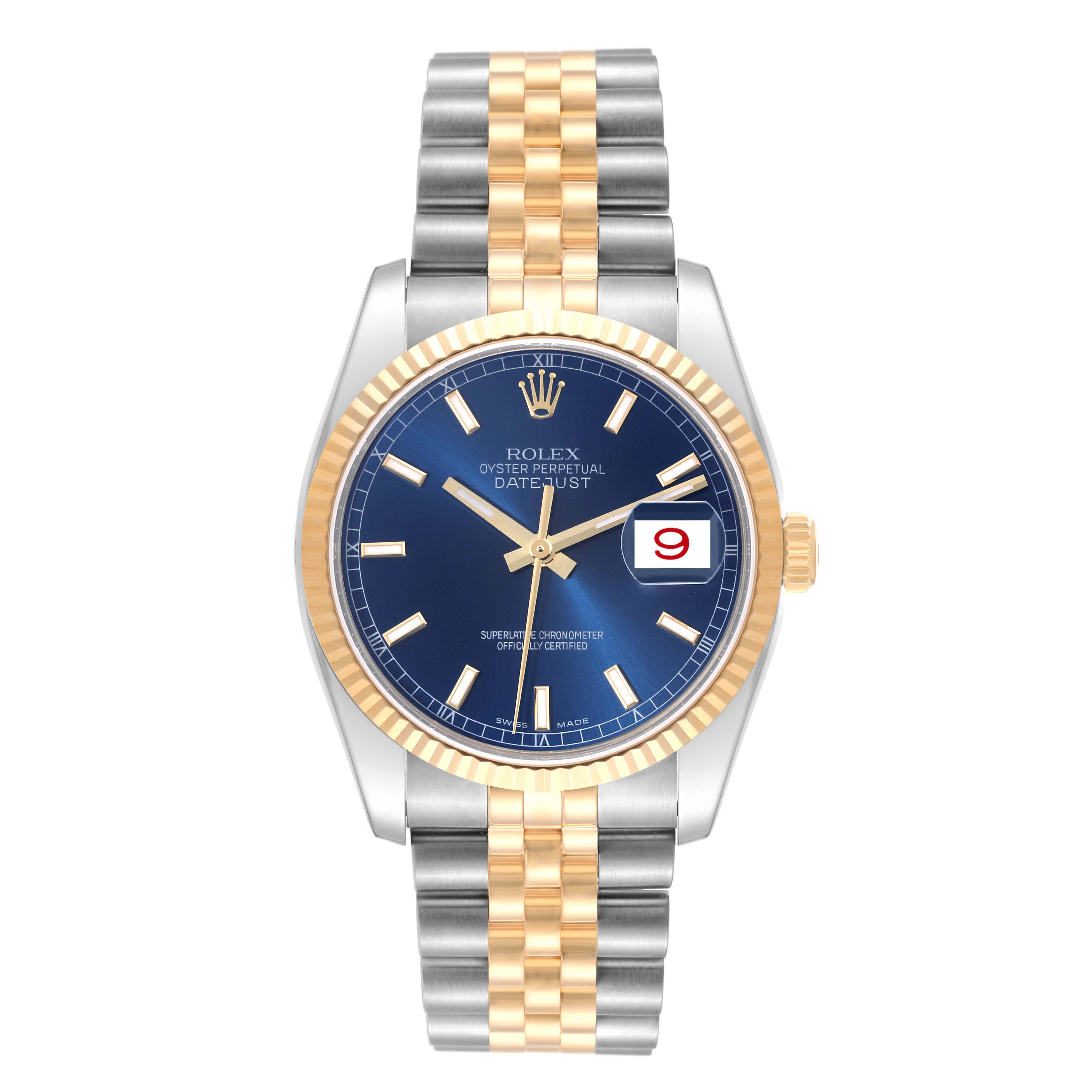 The image shows a Rolex Datejust 116233 Men's Steel and Gold (two tone) Blue Dial 116233 Men's Steel and Gold (two tone) Blue Dial watch front view, highlighting its blue dial, two-tone bracelet, and date window.