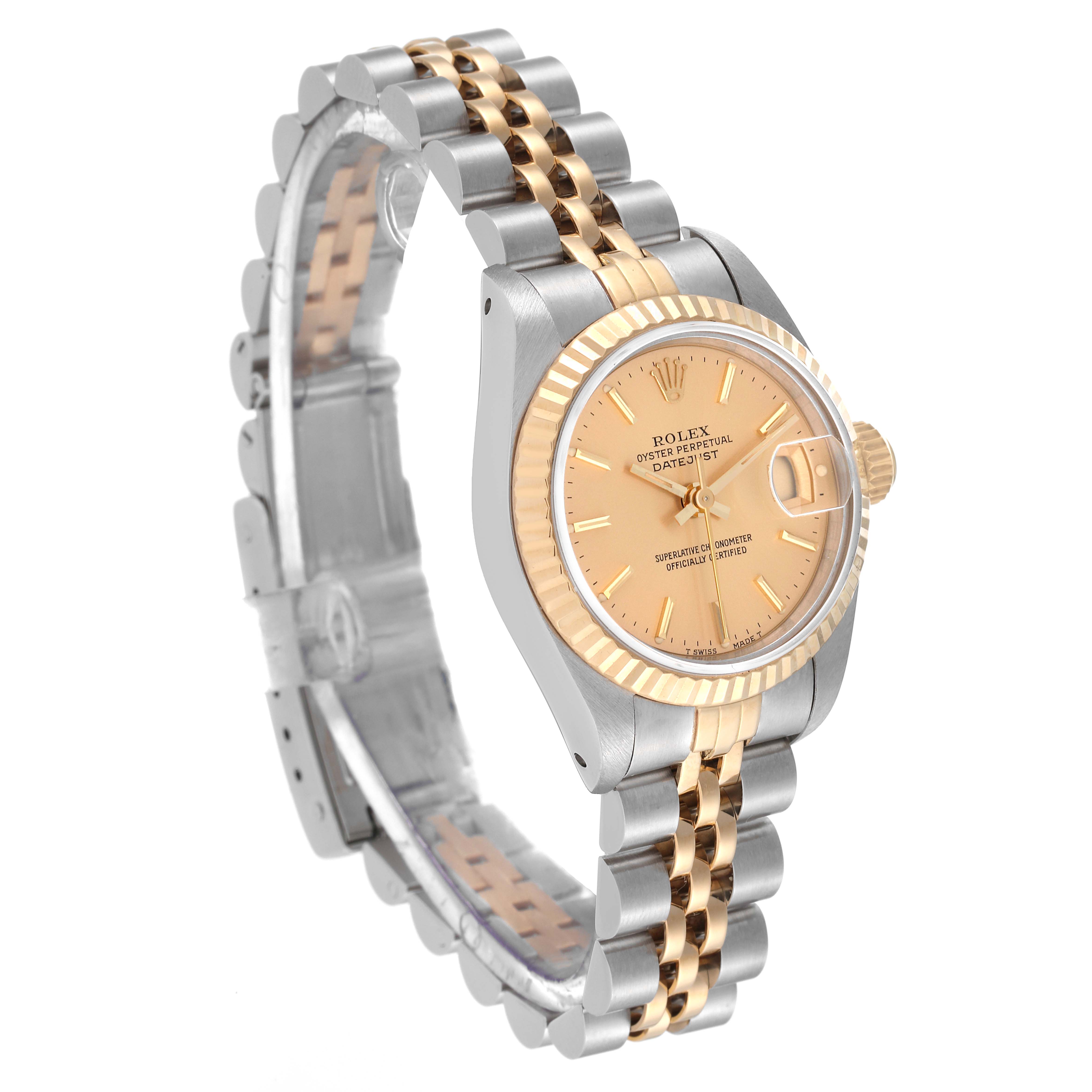 The Rolex Datejust 69173 Women's Steel and Gold (two tone) Champagne Dial 69173 Women's Steel and Gold (two tone) Champagne Dial watch is shown at a three-quarter angle, highlighting the face, bezel, and bracelet.