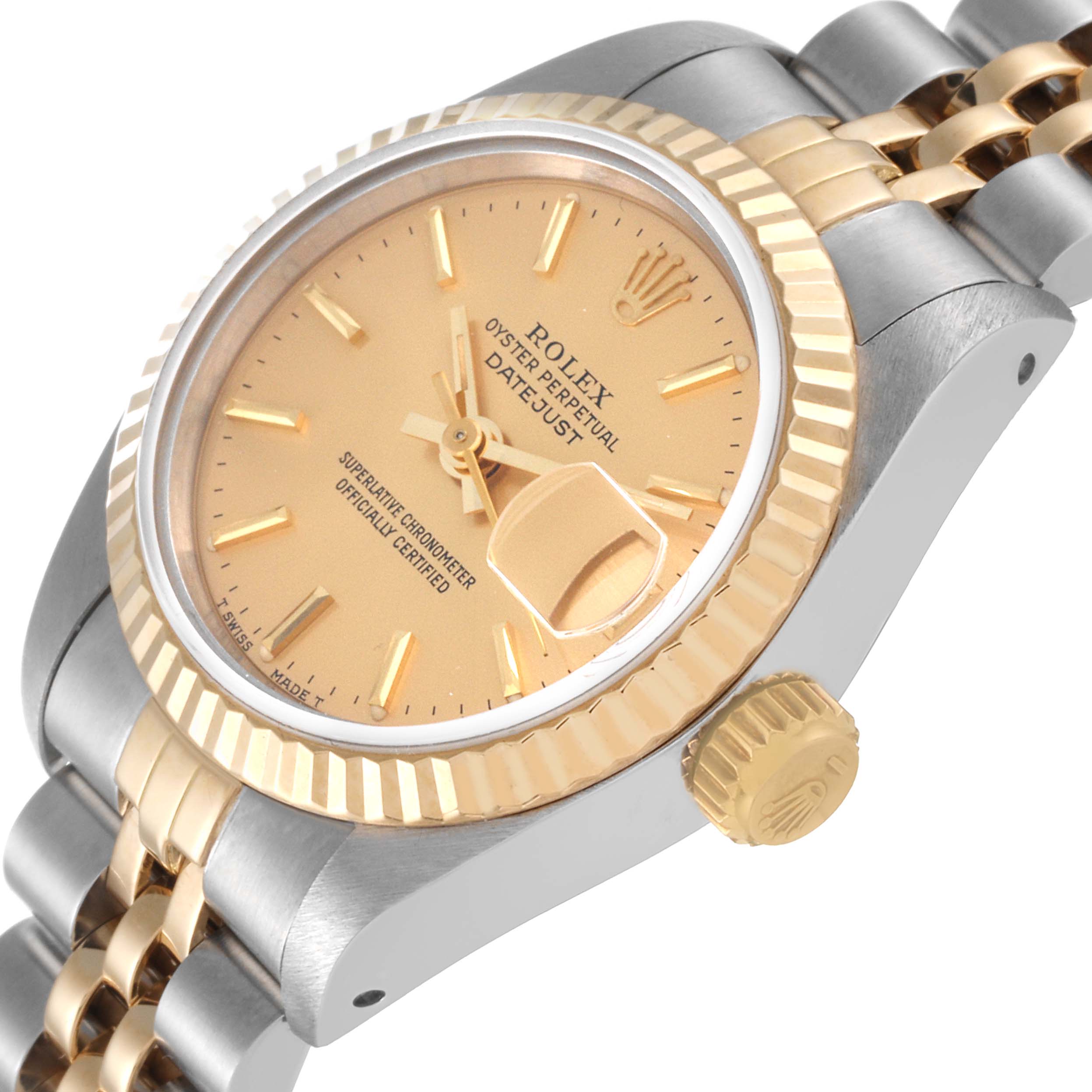 This image shows an angled view of a Rolex Datejust 69173 Women's Steel and Gold (two tone) Champagne Dial 69173 Women's Steel and Gold (two tone) Champagne Dial watch, focusing on the dial, bezel, crown, and part of the bracelet.