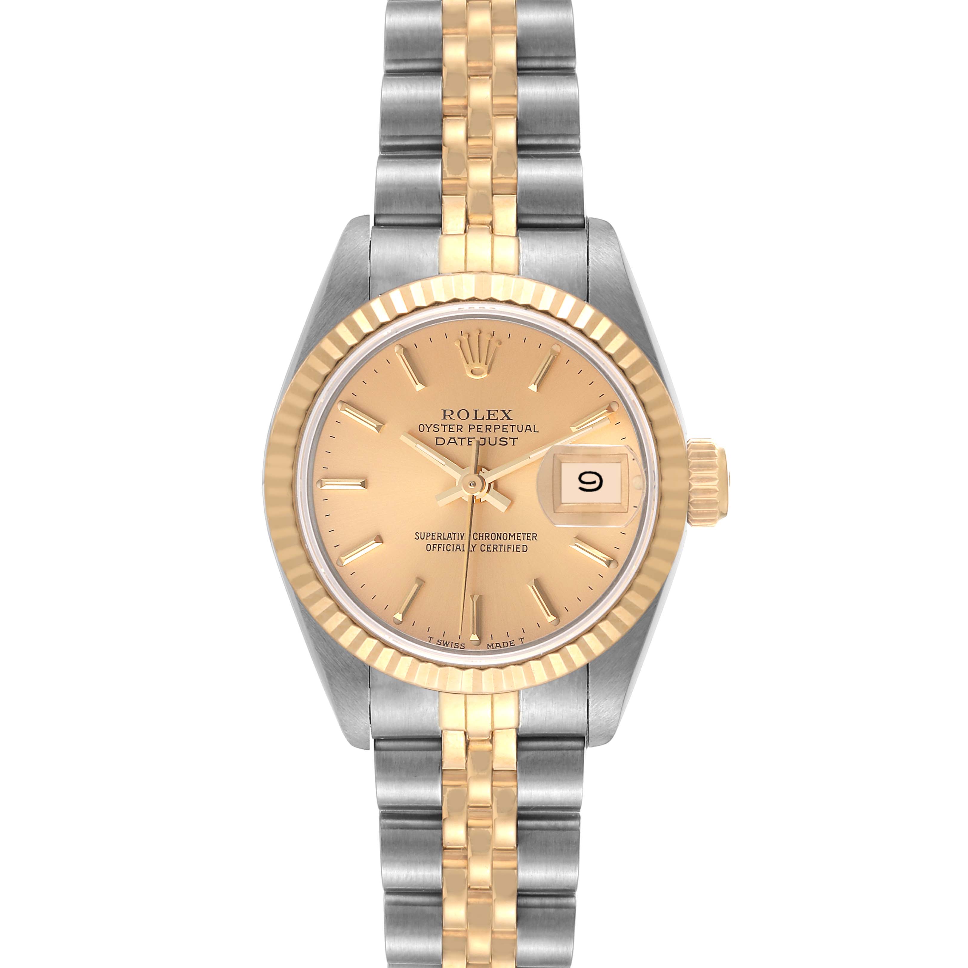 The Rolex Datejust 69173 Women's Steel and Gold (two tone) Champagne Dial 69173 Women's Steel and Gold (two tone) Champagne Dial watch is shown from a top-down angle, displaying the dial, bezel, and bracelet.