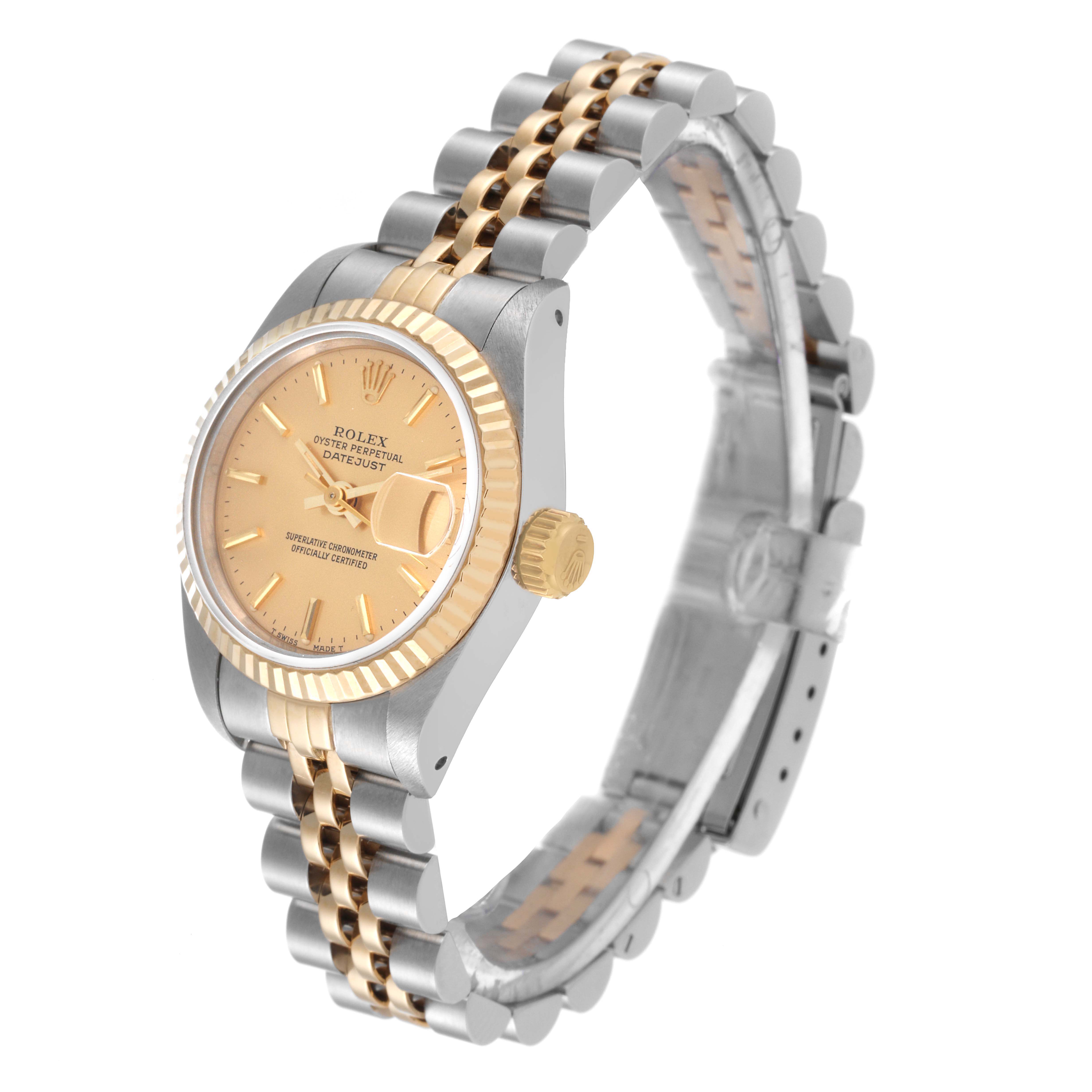 The Rolex Datejust 69173 Women's Steel and Gold (two tone) Champagne Dial 69173 Women's Steel and Gold (two tone) Champagne Dial watch is shown at an oblique angle, featuring a two-tone bracelet, bezel, dial, and crown.