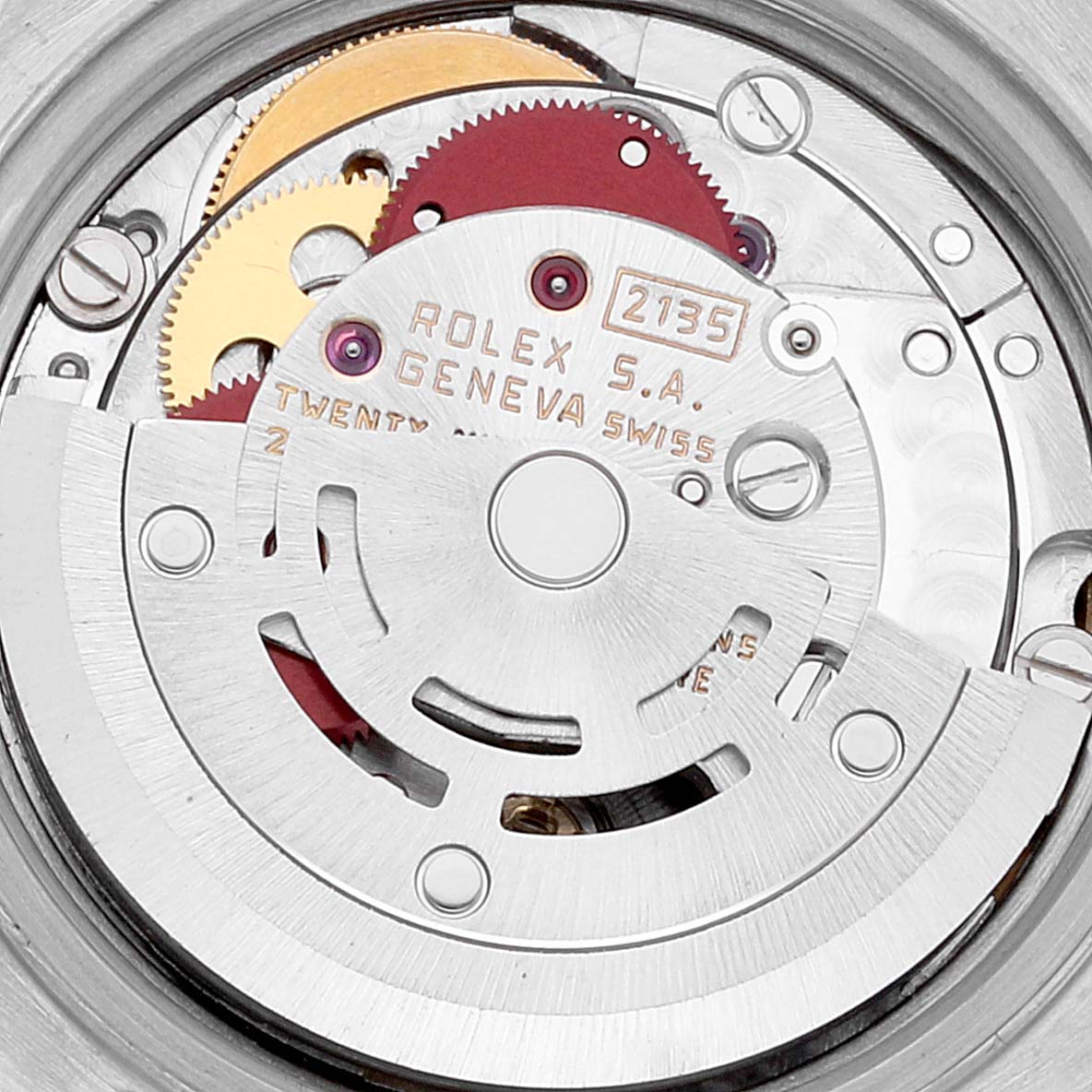 This is a close-up view of the internal mechanism of a Rolex Datejust 69173 Women's Steel and Gold (two tone) Champagne Dial 69173 Women's Steel and Gold (two tone) Champagne Dial watch, showing the intricate gears and components.