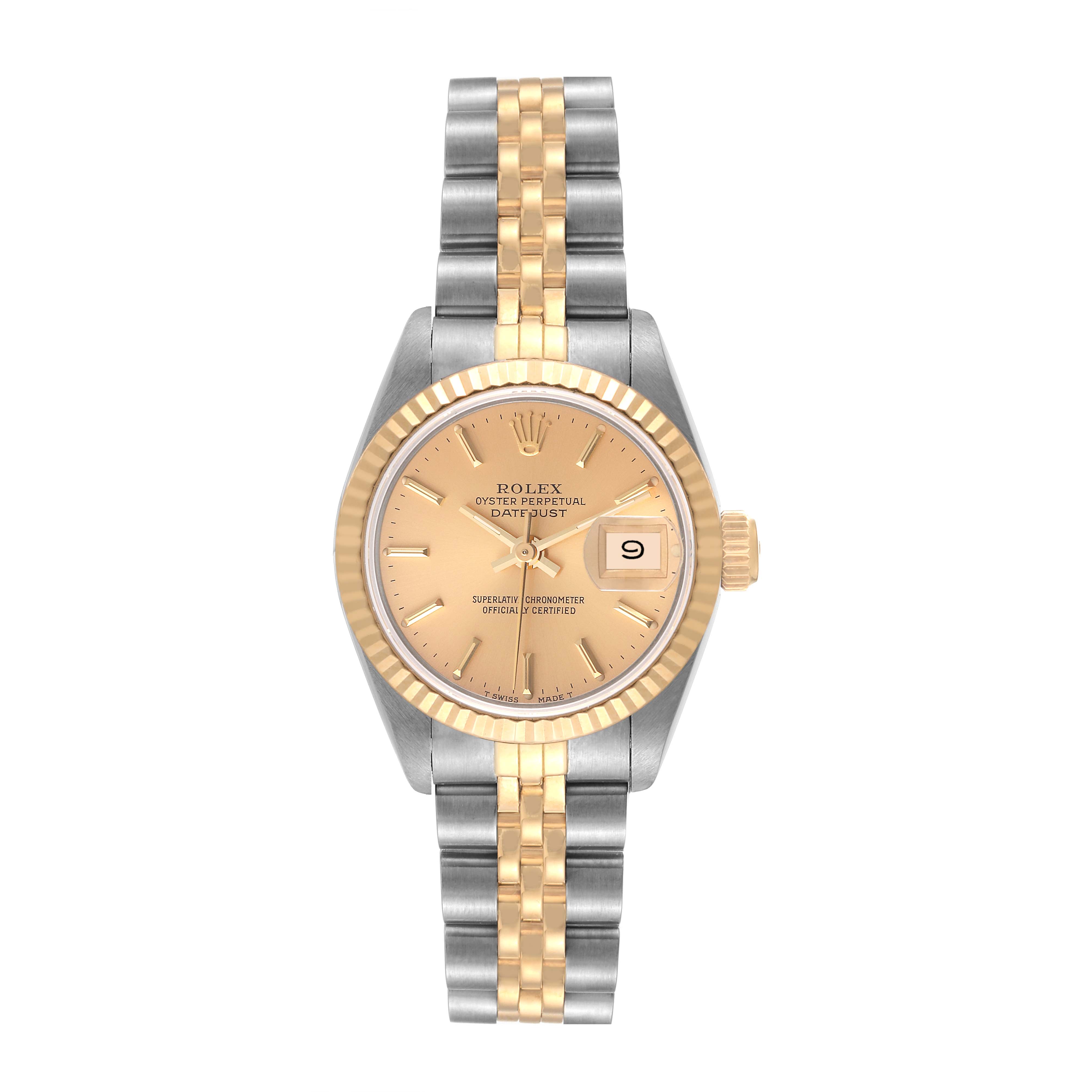 The Rolex Datejust 69173 Women's Steel and Gold (two tone) Champagne Dial 69173 Women's Steel and Gold (two tone) Champagne Dial watch is shown from a top-down angle, featuring its face, bezel, and bracelet.