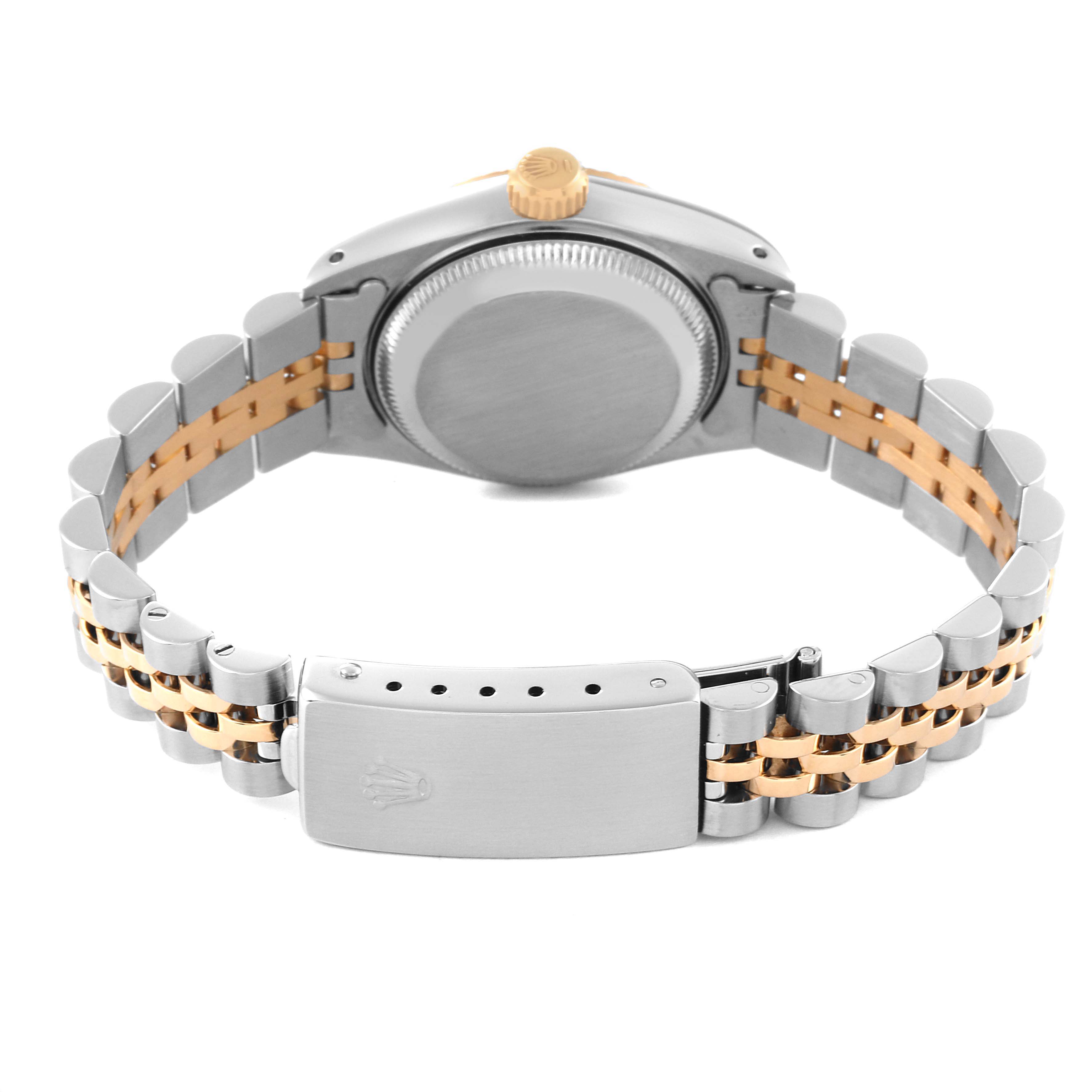 This image shows the back view of a Rolex Datejust 69173 Women's Steel and Gold (two tone) Champagne Dial 69173 Women's Steel and Gold (two tone) Champagne Dial watch, highlighting its case, crown, and bi-metal bracelet.