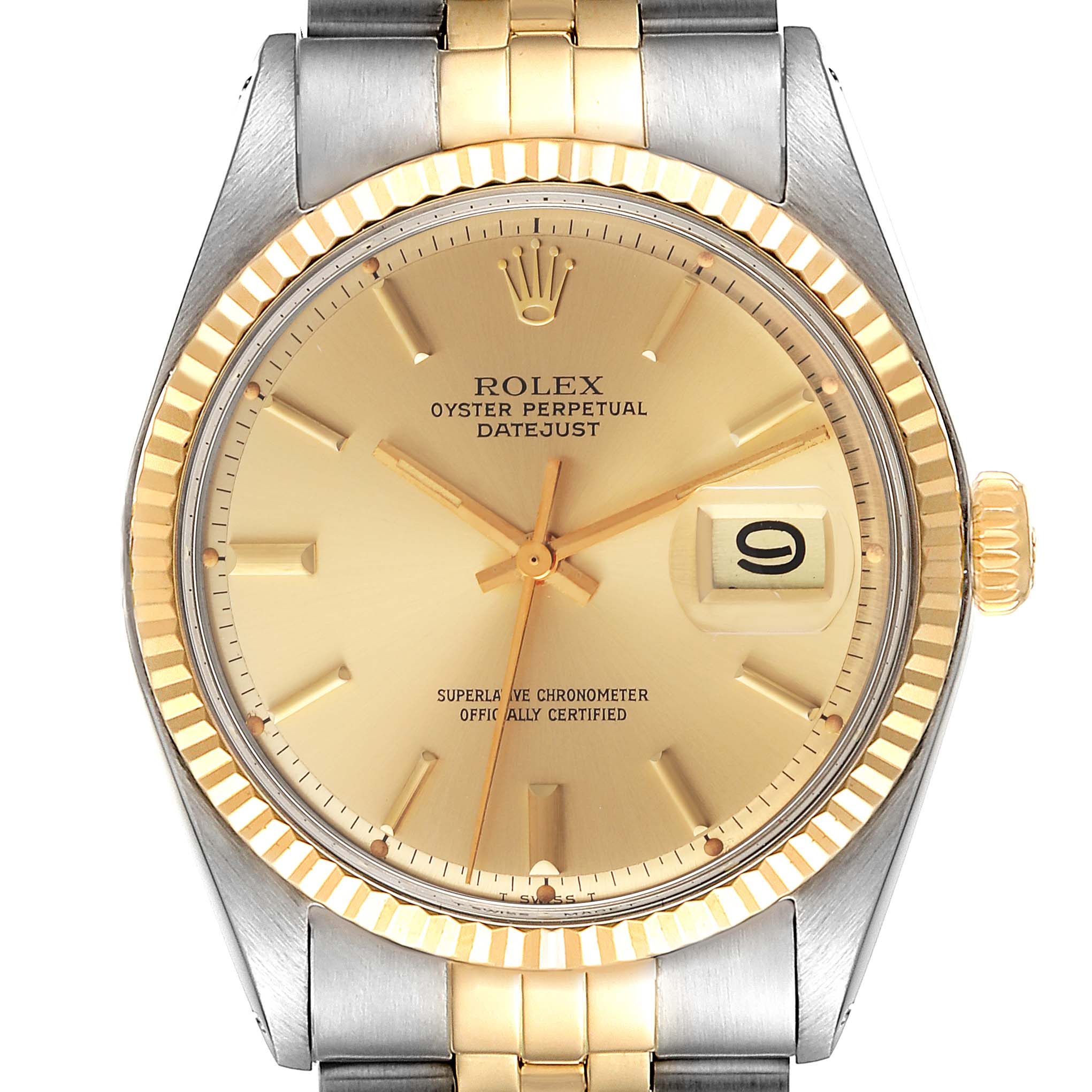 This is a front view of the Rolex Datejust 1601 Men's Steel and Gold (two tone) Champagne Dial 1601 Men's Steel and Gold (two tone) Champagne Dial watch showcasing the bezel, dial, hands, crown, and part of the bracelet.