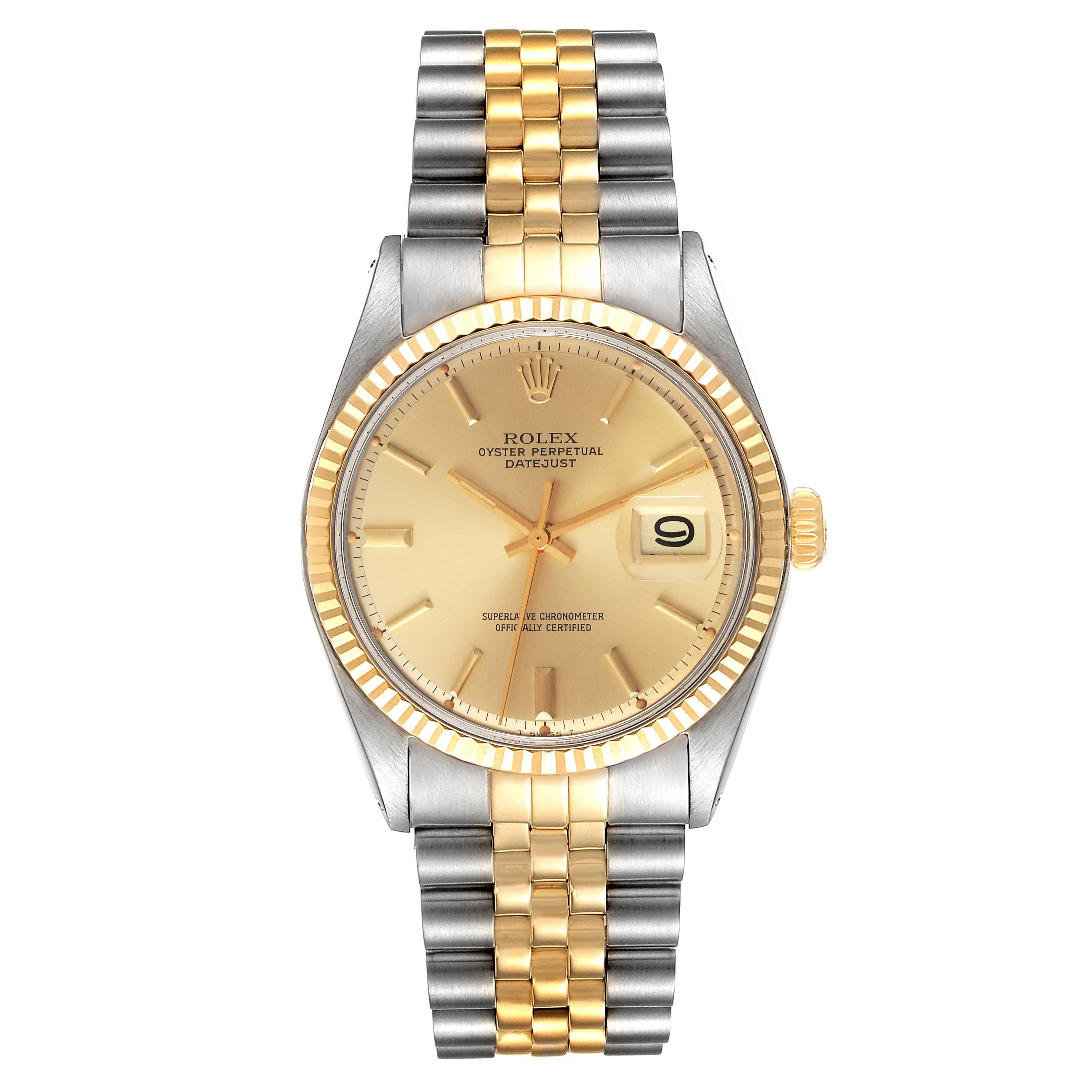 The image shows a frontal view of the Rolex Datejust 1601 Men's Steel and Gold (two tone) Champagne Dial 1601 Men's Steel and Gold (two tone) Champagne Dial watch, highlighting its two-tone bracelet, gold dial, and fluted bezel.