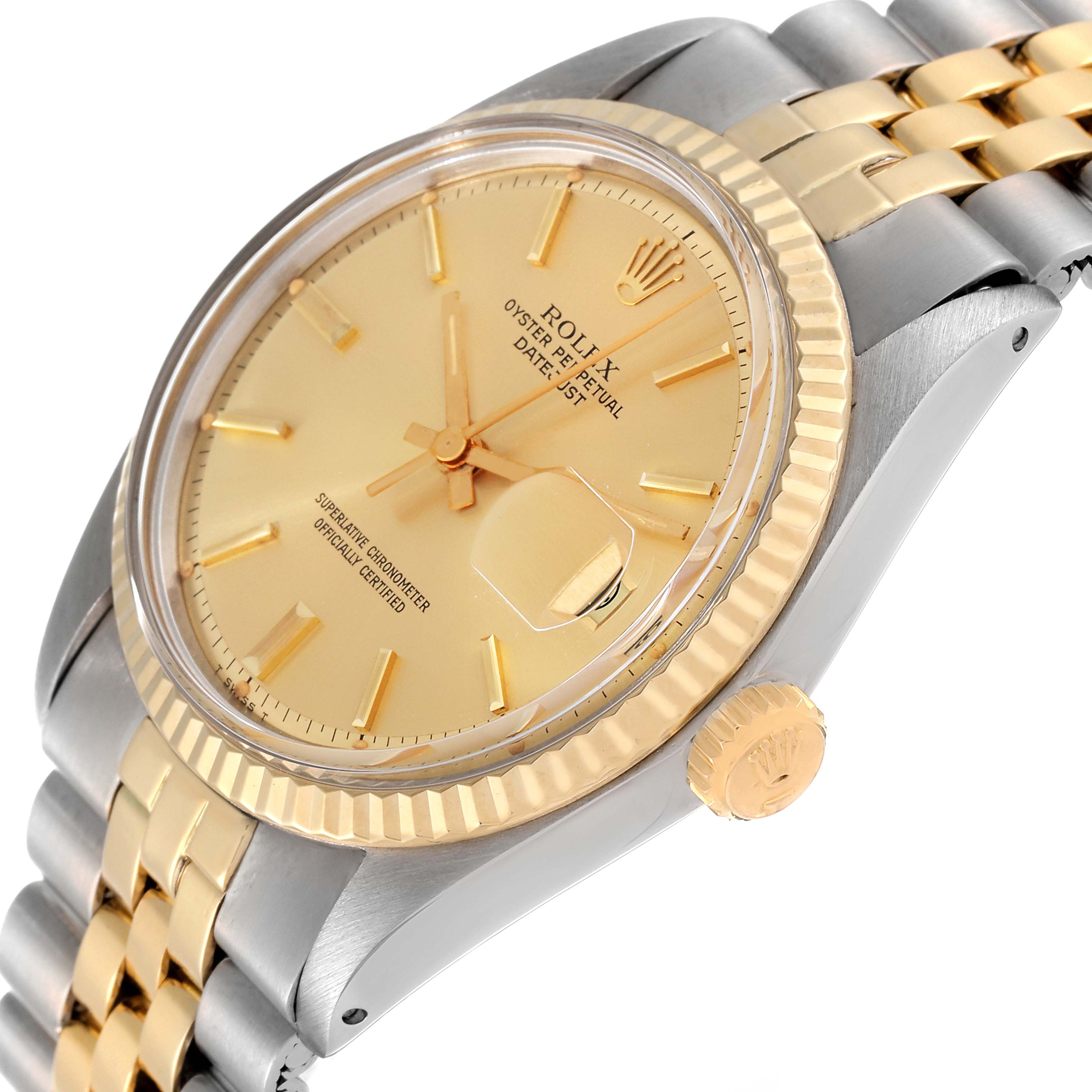 The image shows a top-angle view of a Rolex Datejust 1601 Men's Steel and Gold (two tone) Champagne Dial 1601 Men's Steel and Gold (two tone) Champagne Dial watch, highlighting its gold dial, fluted bezel, and two-tone bracelet.