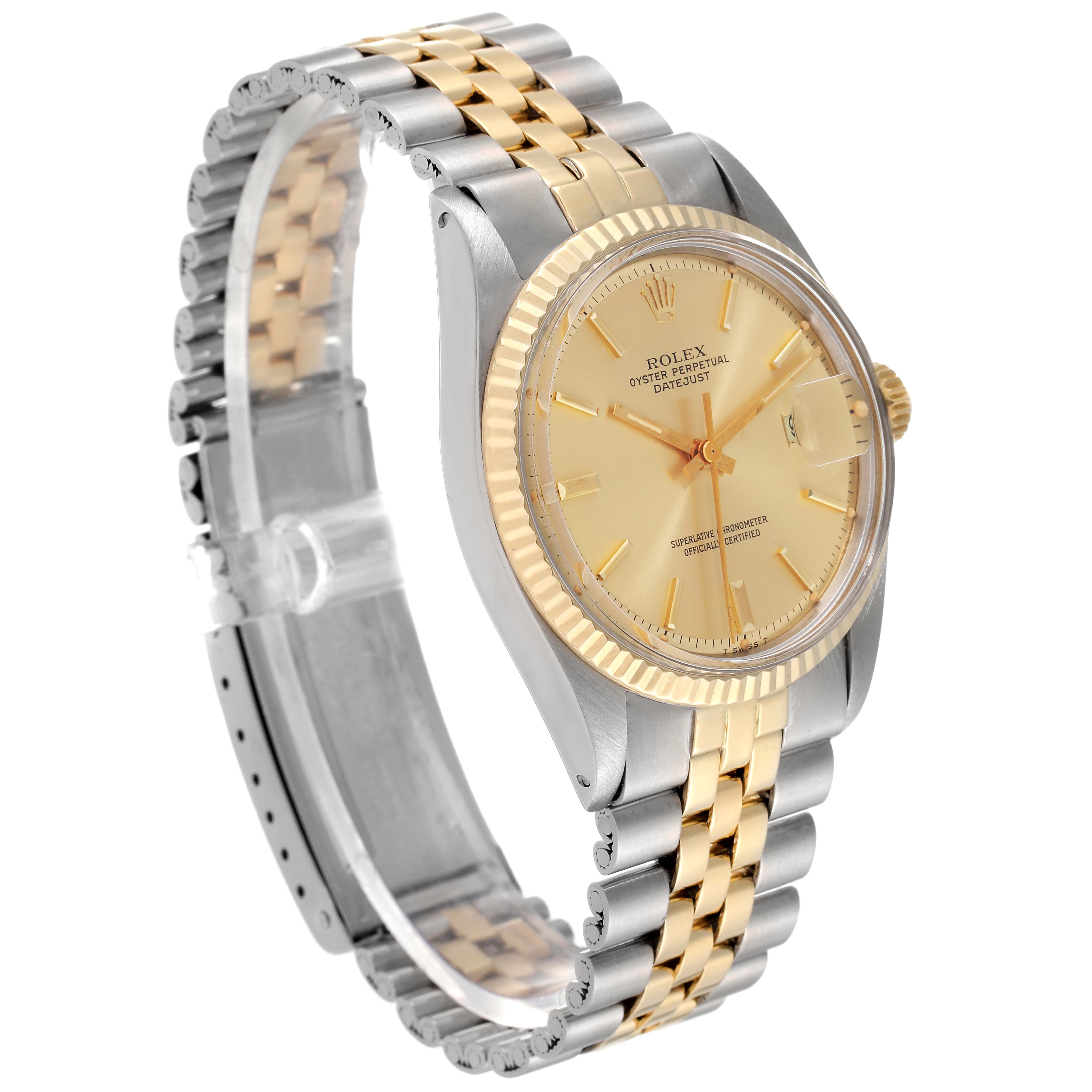 This image shows a Rolex Datejust 1601 Men's Steel and Gold (two tone) Champagne Dial 1601 Men's Steel and Gold (two tone) Champagne Dial watch at a three-quarter angle, highlighting its face, bezel, and gold-and-silver bracelet.