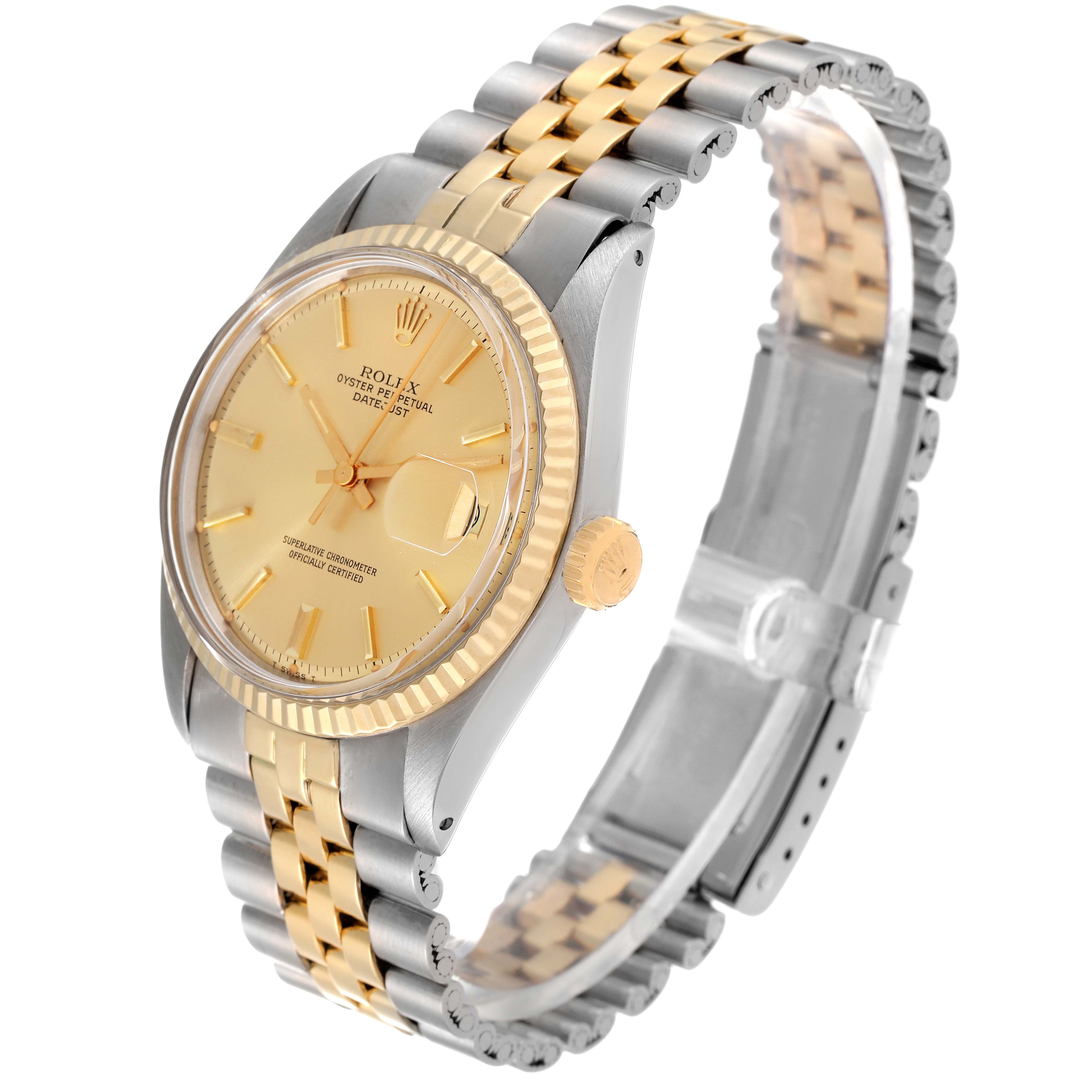 The Rolex Datejust 1601 Men's Steel and Gold (two tone) Champagne Dial 1601 Men's Steel and Gold (two tone) Champagne Dial watch is shown at an oblique angle, displaying the dial, bezel, crown, and part of the bracelet.