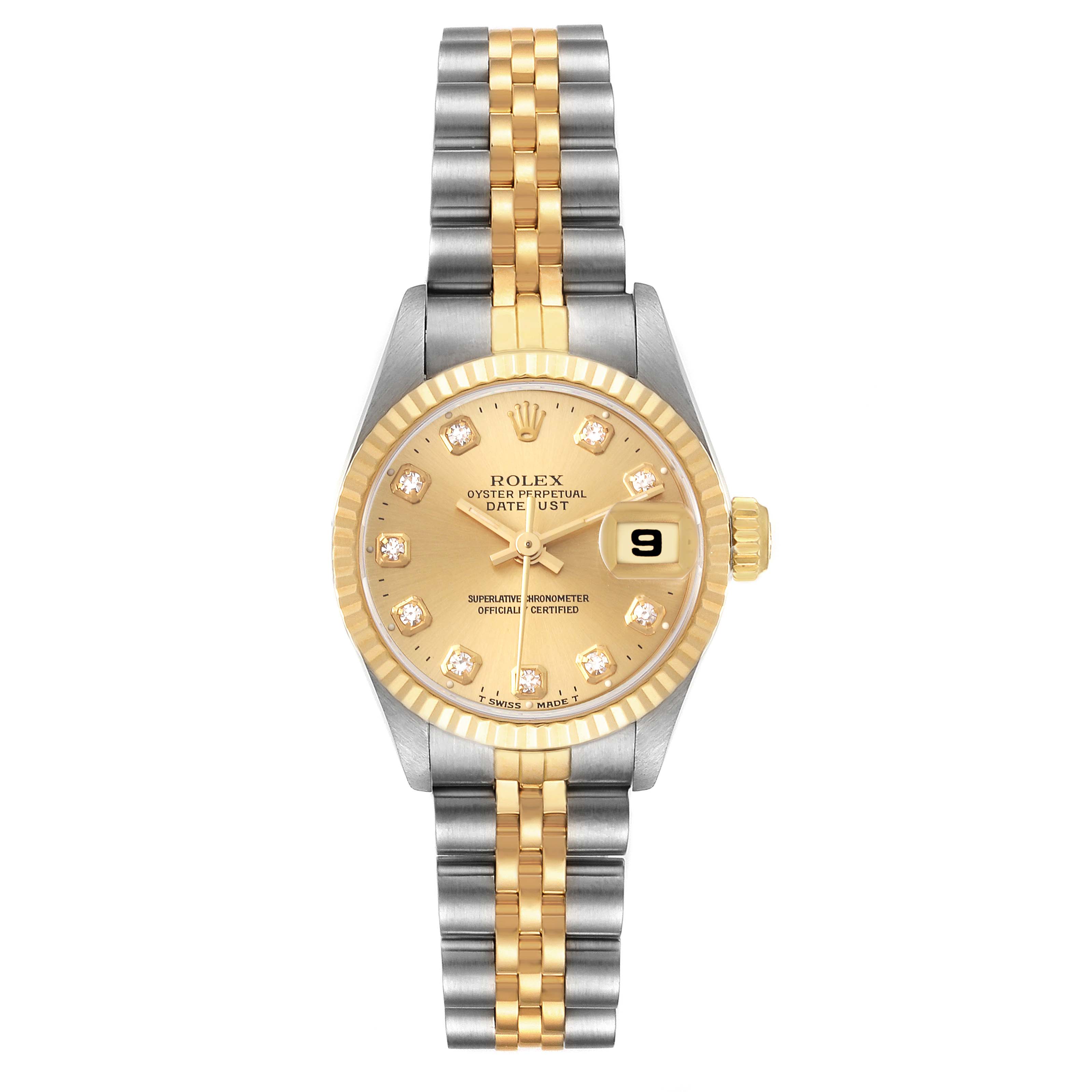 This image shows a Rolex Datejust 69173 Women's Steel and Gold (two tone) Champagne Dial 69173 Women's Steel and Gold (two tone) Champagne Dial watch viewed from the front, featuring a gold bezel, diamond hour markers, and a two-tone bracelet.