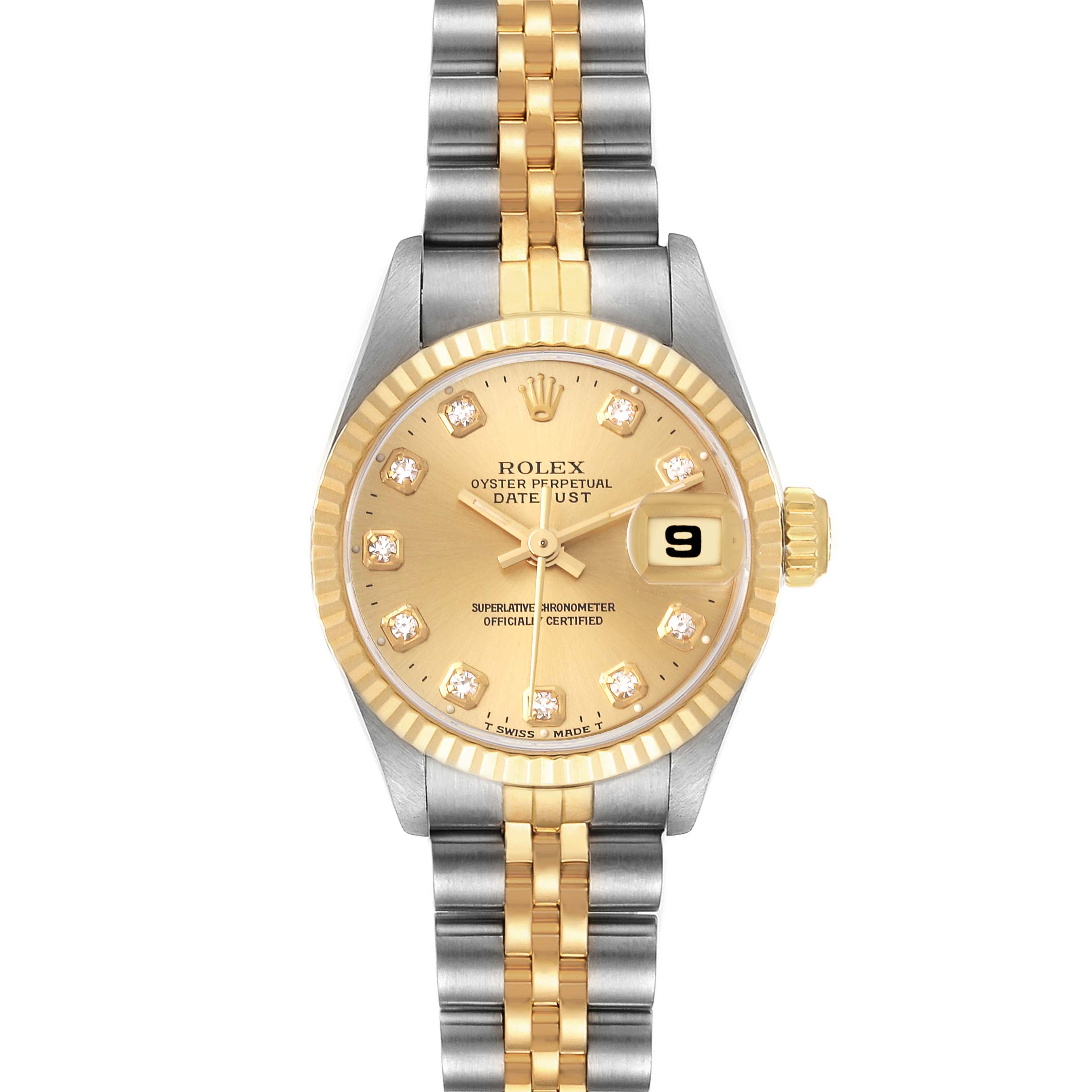 This image shows a Rolex Datejust 69173 Women's Steel and Gold (two tone) Champagne Dial 69173 Women's Steel and Gold (two tone) Champagne Dial watch from a front angle, highlighting its dial, fluted bezel, and two-tone Jubilee bracelet.