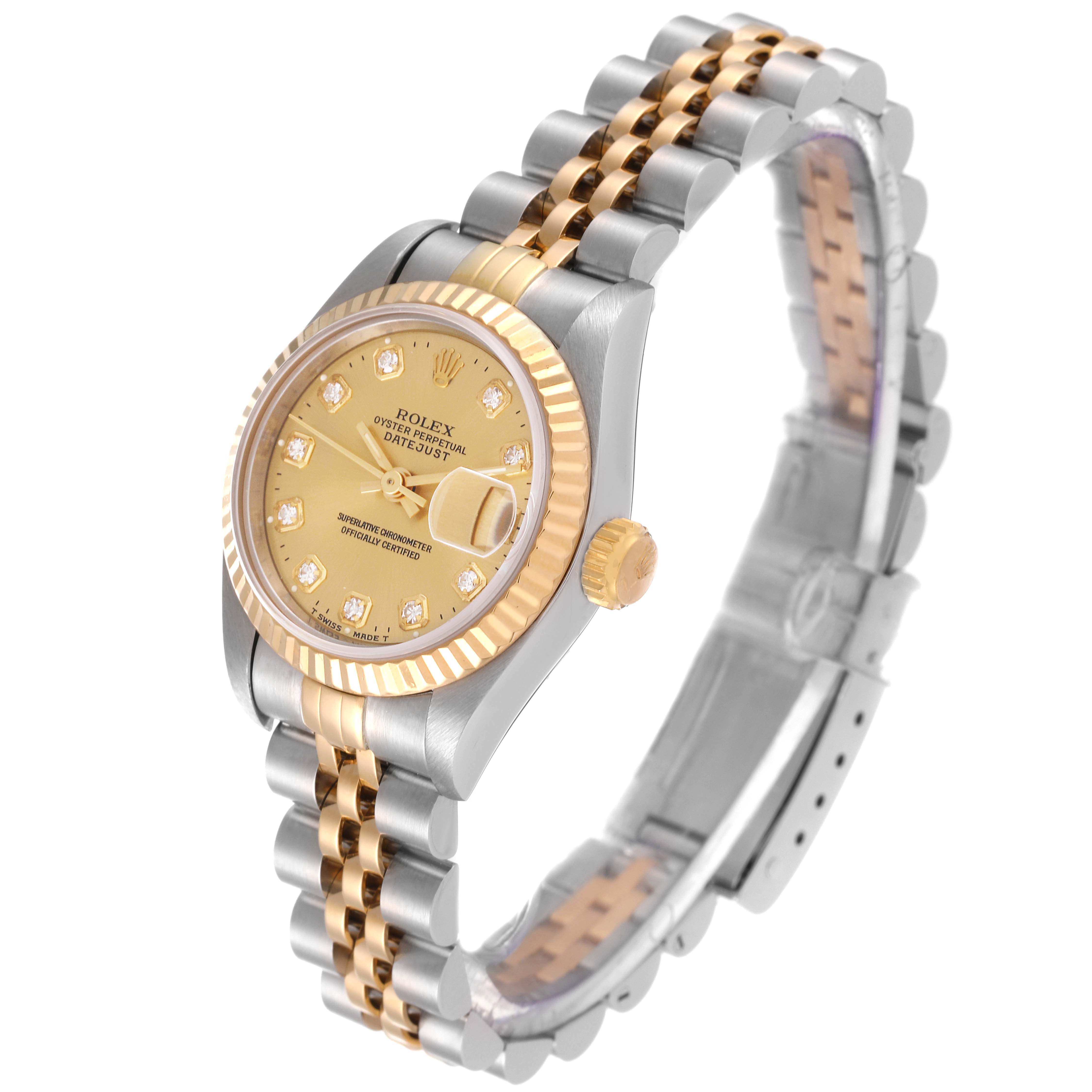 This image shows a Rolex Datejust 69173 Women's Steel and Gold (two tone) Champagne Dial 69173 Women's Steel and Gold (two tone) Champagne Dial watch at an angle highlighting its face, bezel, crown, and two-tone bracelet.