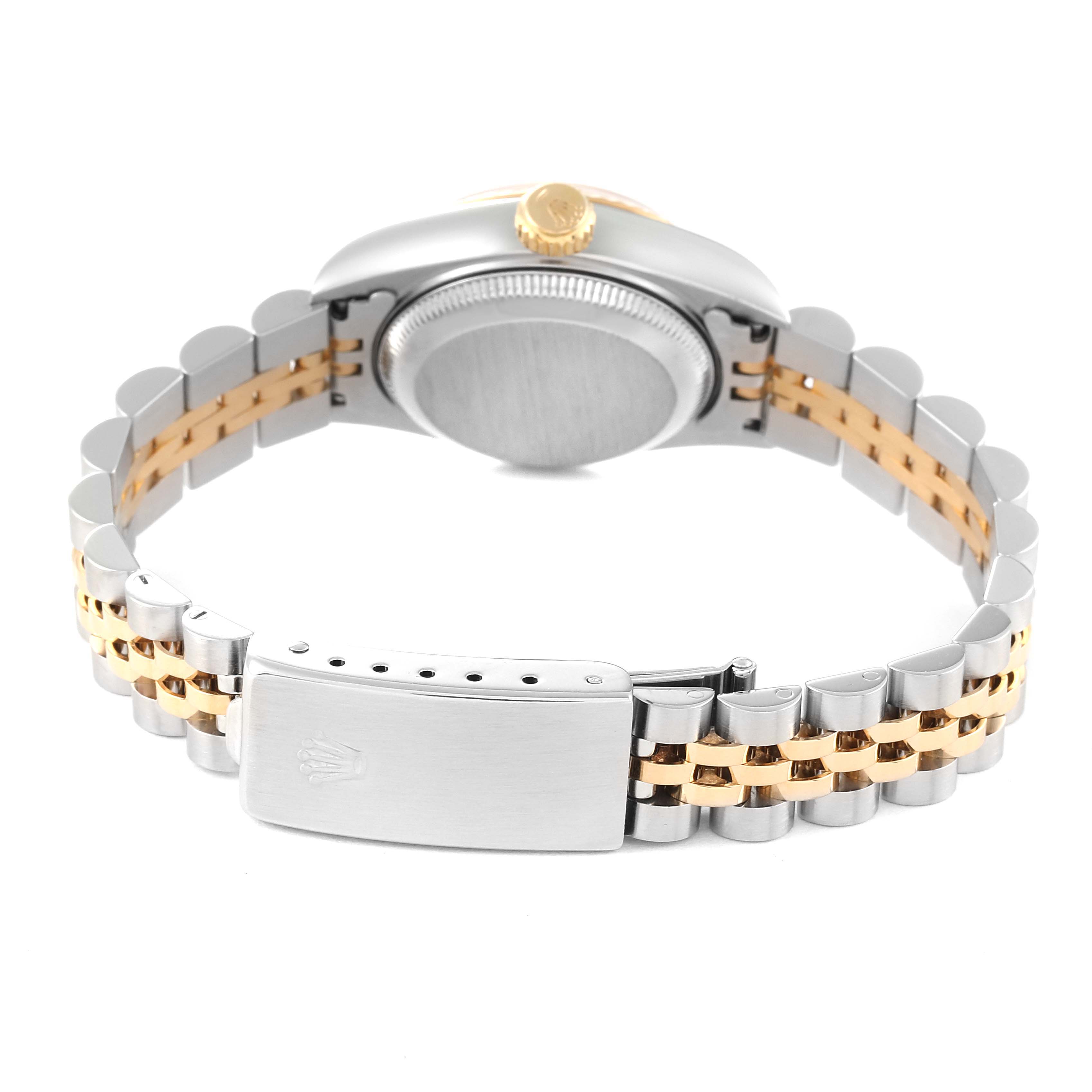 The image shows the back view of a Rolex Datejust 69173 Women's Steel and Gold (two tone) Champagne Dial 69173 Women's Steel and Gold (two tone) Champagne Dial watch, featuring its case, crown, and two-tone Jubilee bracelet with clasp.