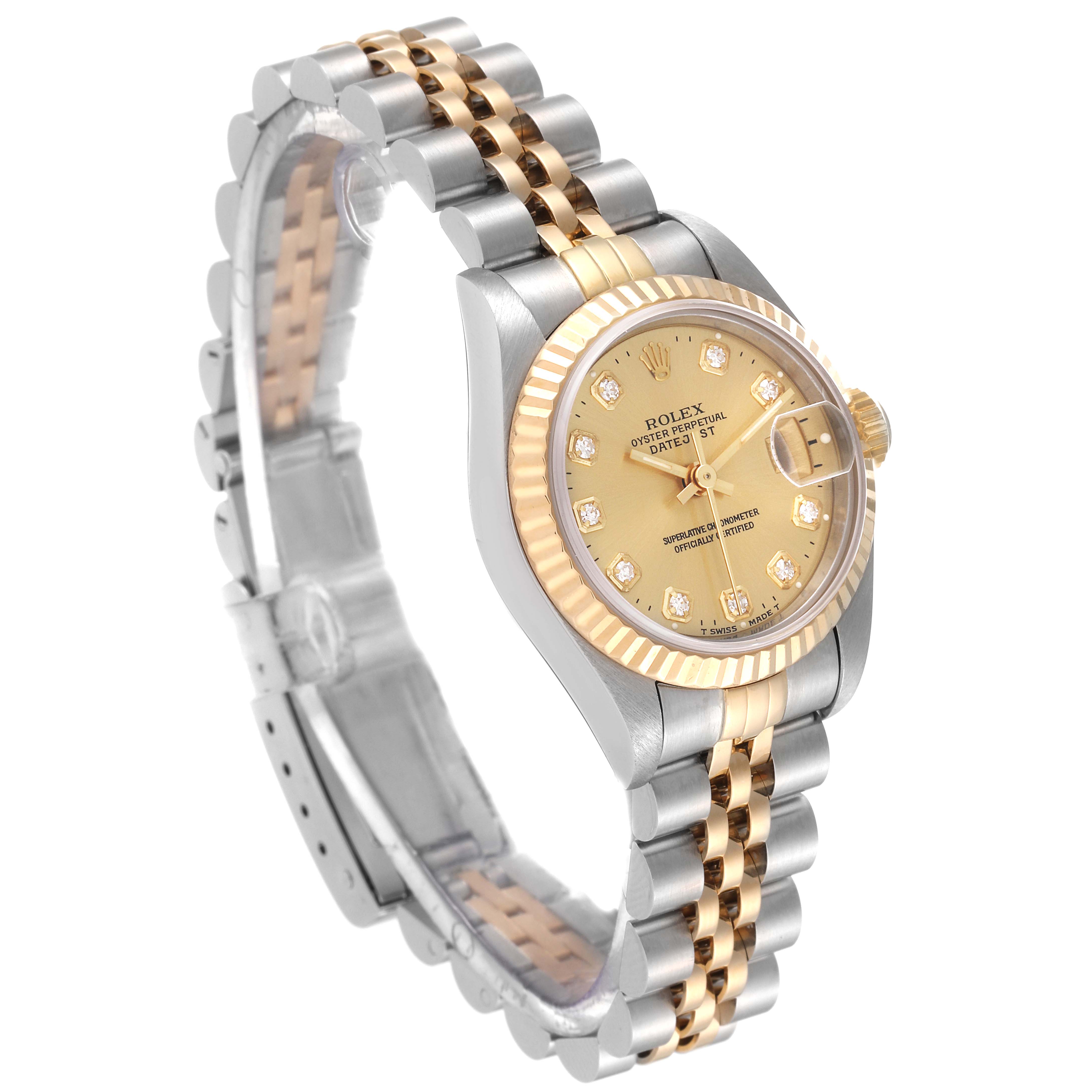 The image shows a Rolex Datejust 69173 Women's Steel and Gold (two tone) Champagne Dial 69173 Women's Steel and Gold (two tone) Champagne Dial watch at a three-quarter angle, highlighting its dial, bezel, and two-tone bracelet.