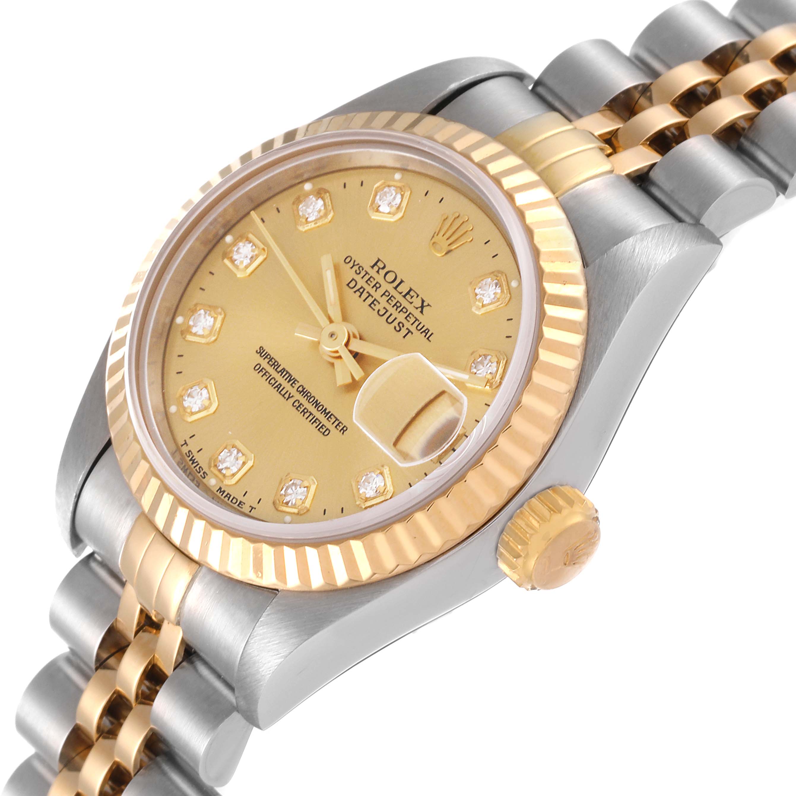 The image shows a Rolex Datejust 69173 Women's Steel and Gold (two tone) Champagne Dial 69173 Women's Steel and Gold (two tone) Champagne Dial watch at an angled top view, highlighting the dial, bezel, and part of the bracelet.