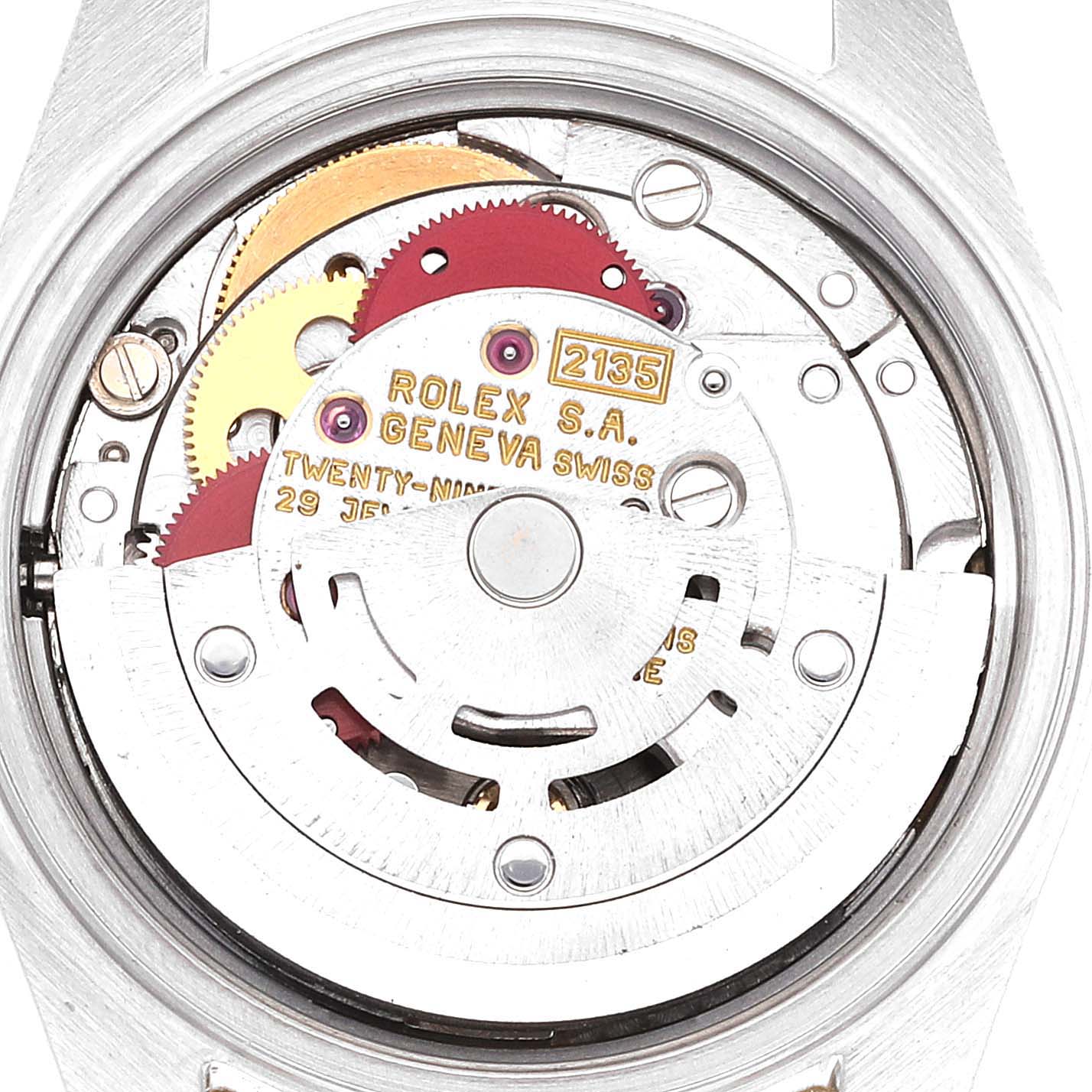 This image shows the internal mechanics and movement of a Rolex Datejust 69173 Women's Steel and Gold (two tone) Champagne Dial 69173 Women's Steel and Gold (two tone) Champagne Dial watch from a rear angle.