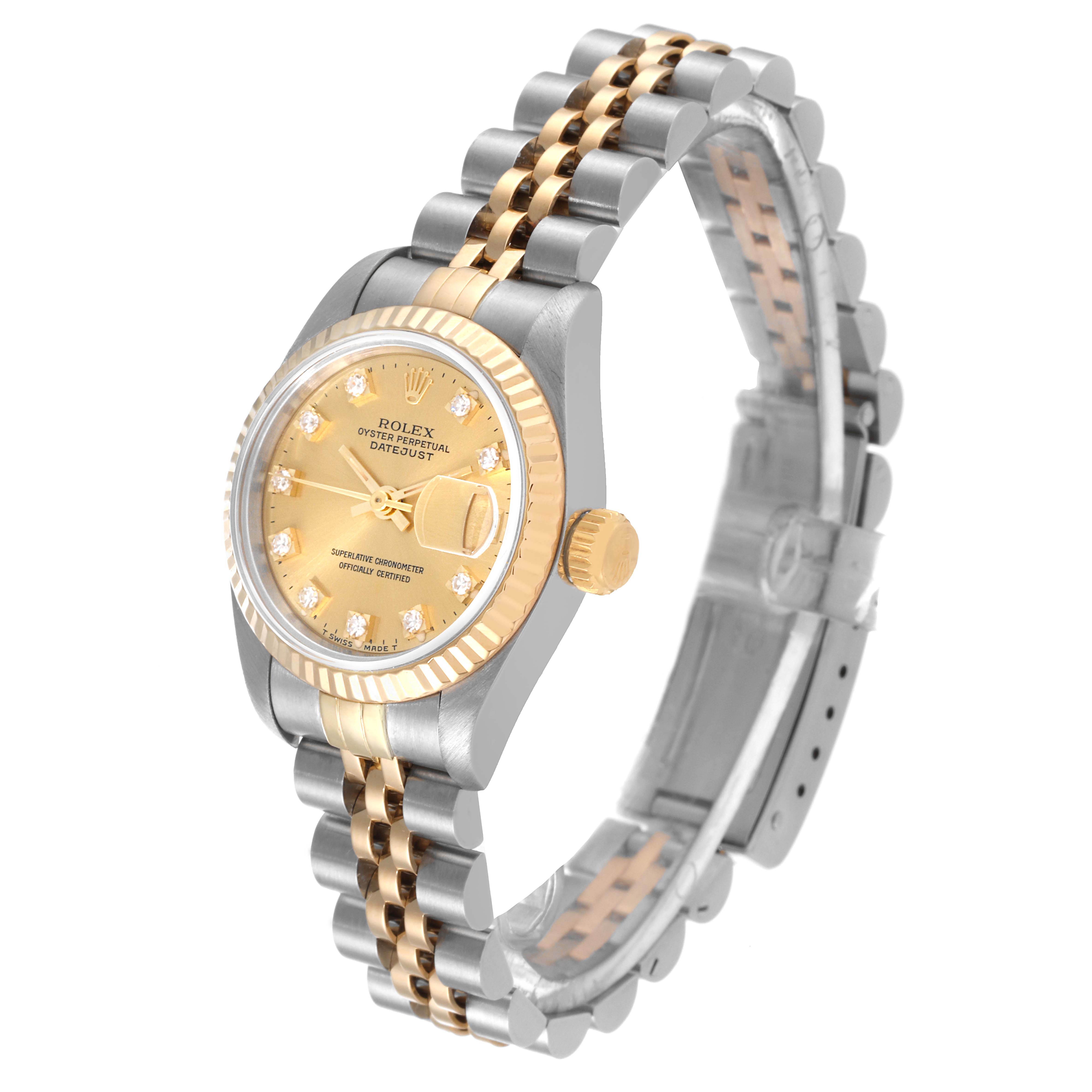 This Rolex Datejust 69173 Women's Steel and Gold (two tone) Champagne Dial 69173 Women's Steel and Gold (two tone) Champagne Dial watch is shown at a three-quarter angle, featuring the face, bezel, crown, and part of the bracelet.