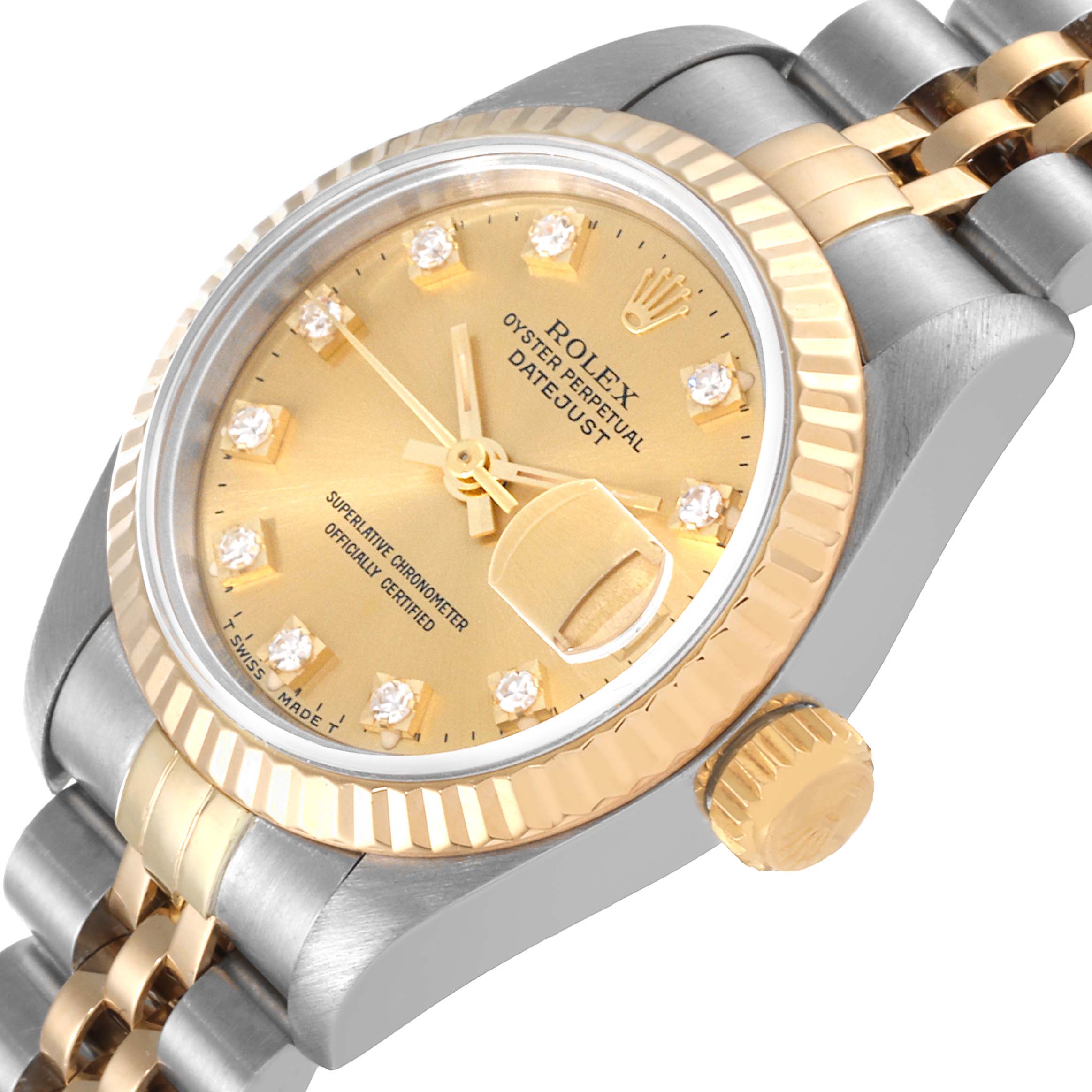 The image shows the Rolex Datejust 69173 Women's Steel and Gold (two tone) Champagne Dial 69173 Women's Steel and Gold (two tone) Champagne Dial watch at an oblique angle, highlighting the gold dial, crown, and two-tone bracelet.
