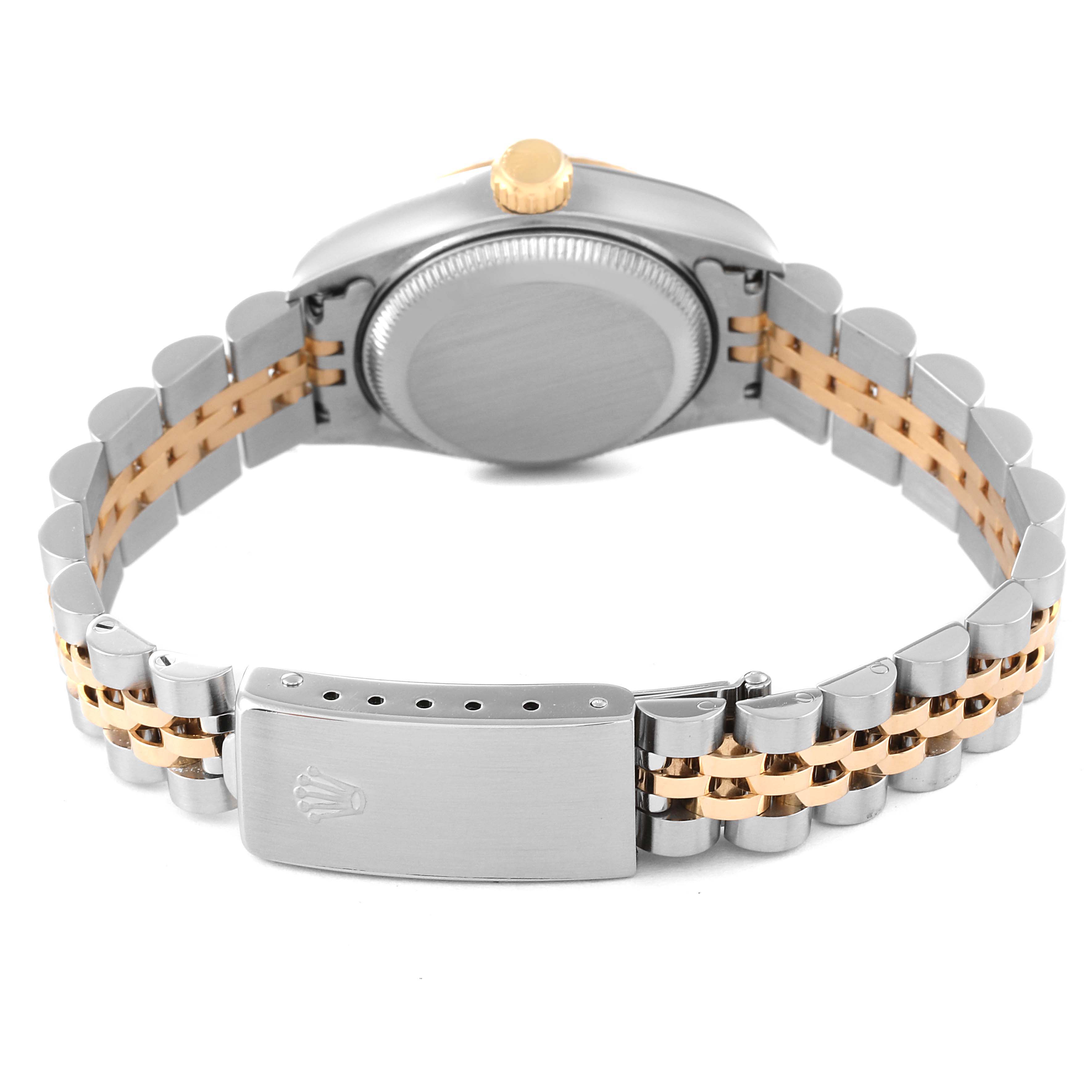 The image shows the back view of a Rolex Datejust 69173 Women's Steel and Gold (two tone) Champagne Dial 69173 Women's Steel and Gold (two tone) Champagne Dial watch, highlighting its case back, gold crown, and two-tone bracelet.