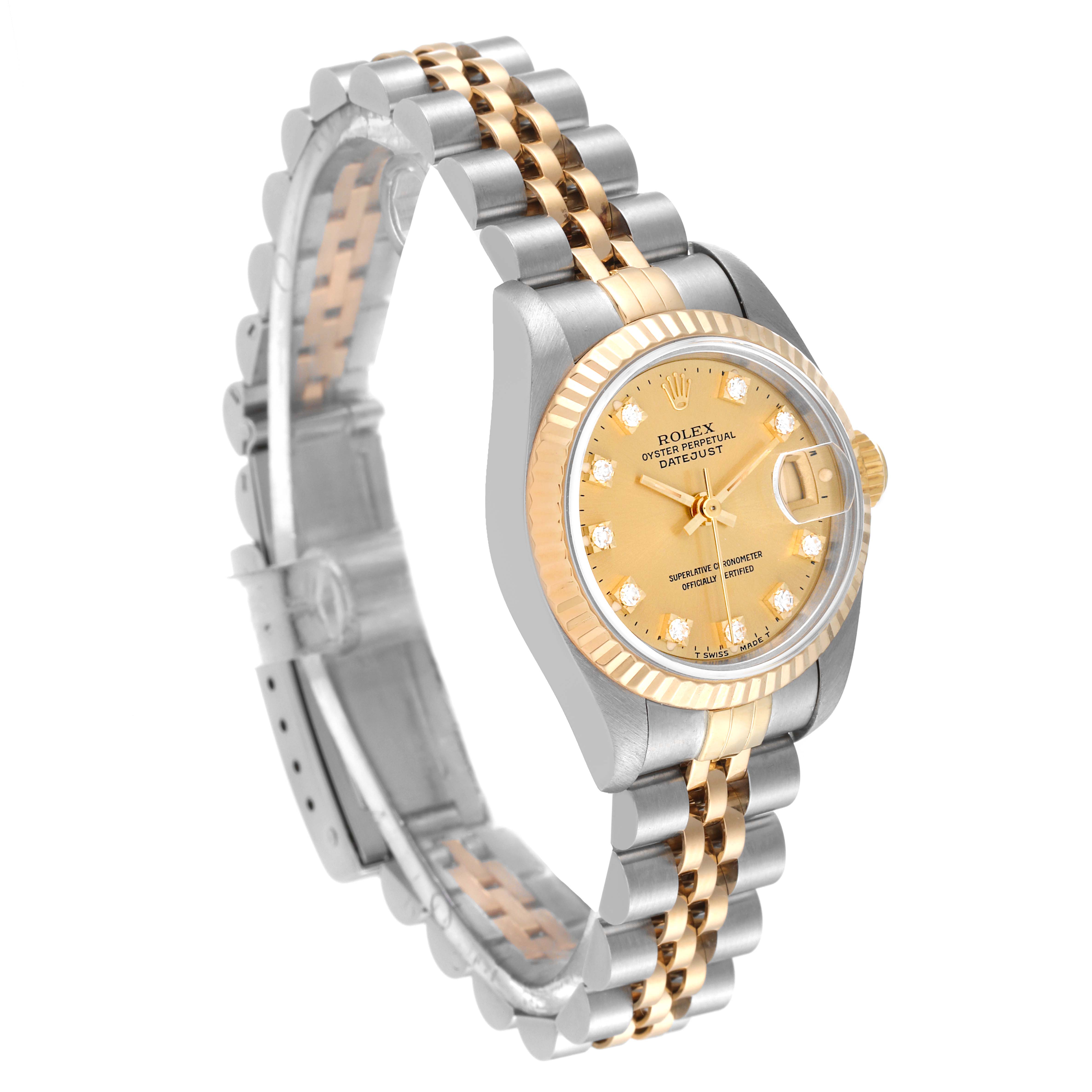 The Rolex Datejust 69173 Women's Steel and Gold (two tone) Champagne Dial 69173 Women's Steel and Gold (two tone) Champagne Dial watch is shown from an angled perspective, highlighting the bezel, dial, and two-tone bracelet.