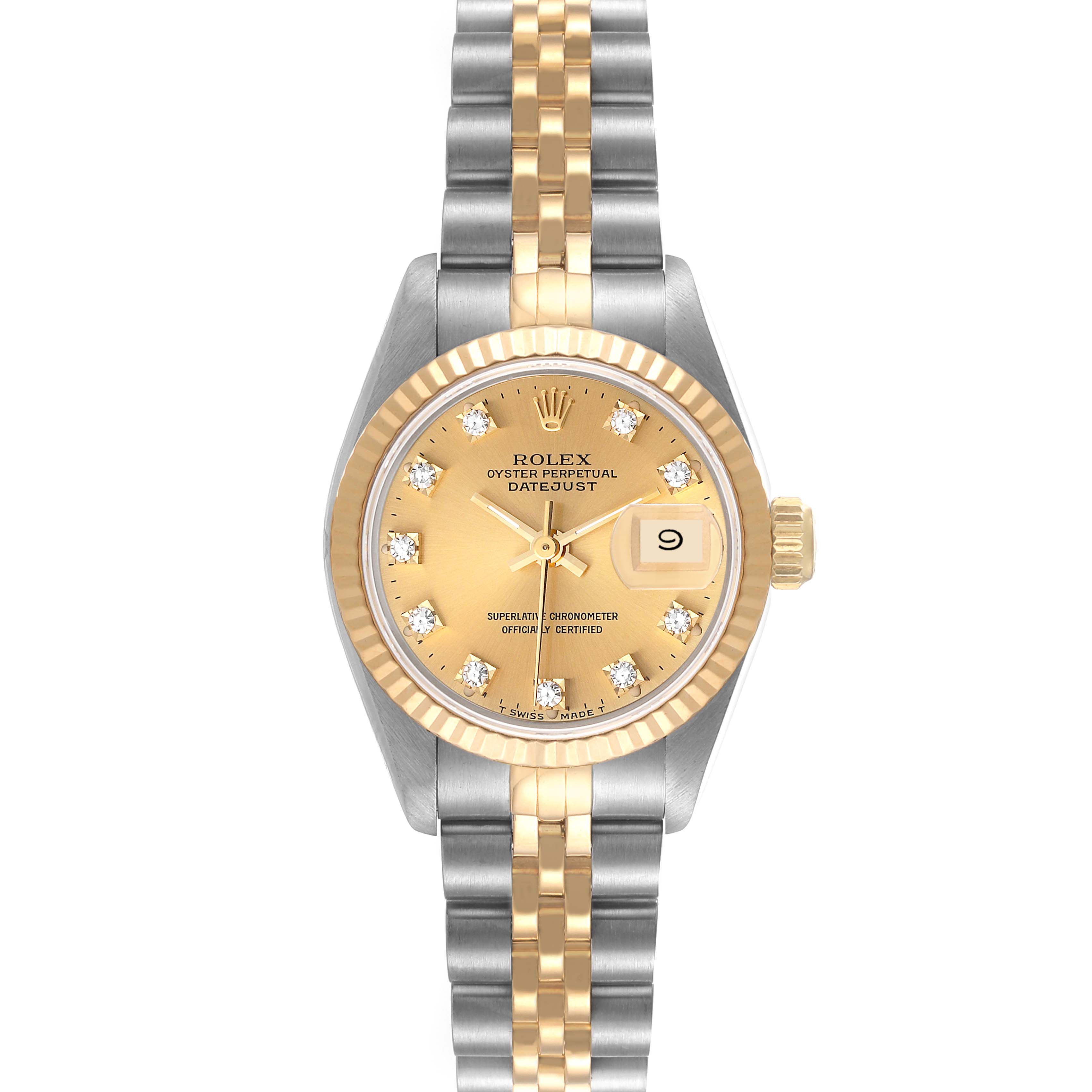 The image shows a front view of a Rolex Datejust 69173 Women's Steel and Gold (two tone) Champagne Dial 69173 Women's Steel and Gold (two tone) Champagne Dial watch, featuring a gold dial, diamond hour markers, and a two-tone metal strap.